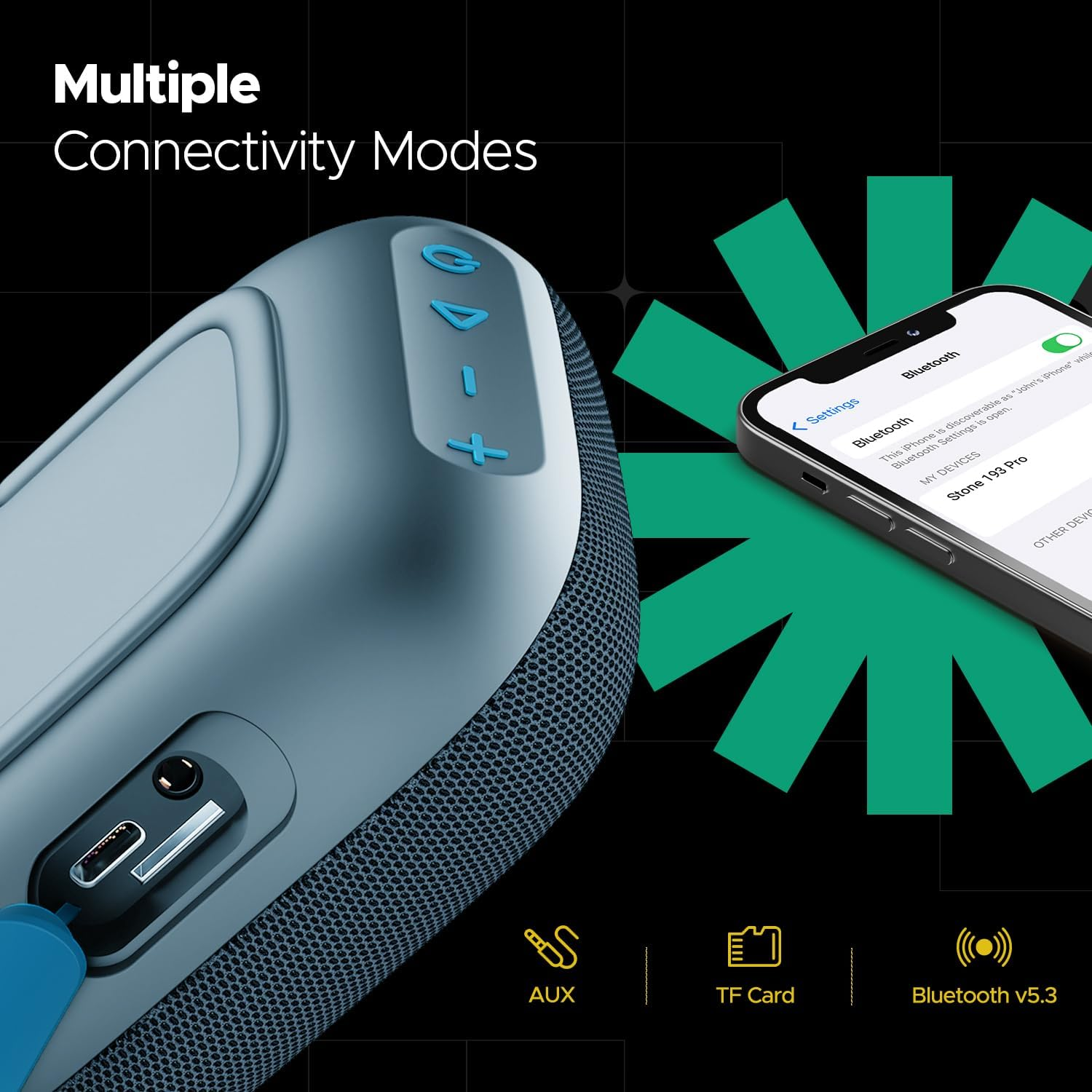 Boat Stone 193 Pro / Stone190 Pro with 5W Signature Sound, up to 12Hrs of Playtime, TWS Feature, Built-In Mic, Bluetooth V5.3, AUX Port, TF Card, IPX6 & Type-C Bluetooth Speaker (Tropical Blue) image number 5