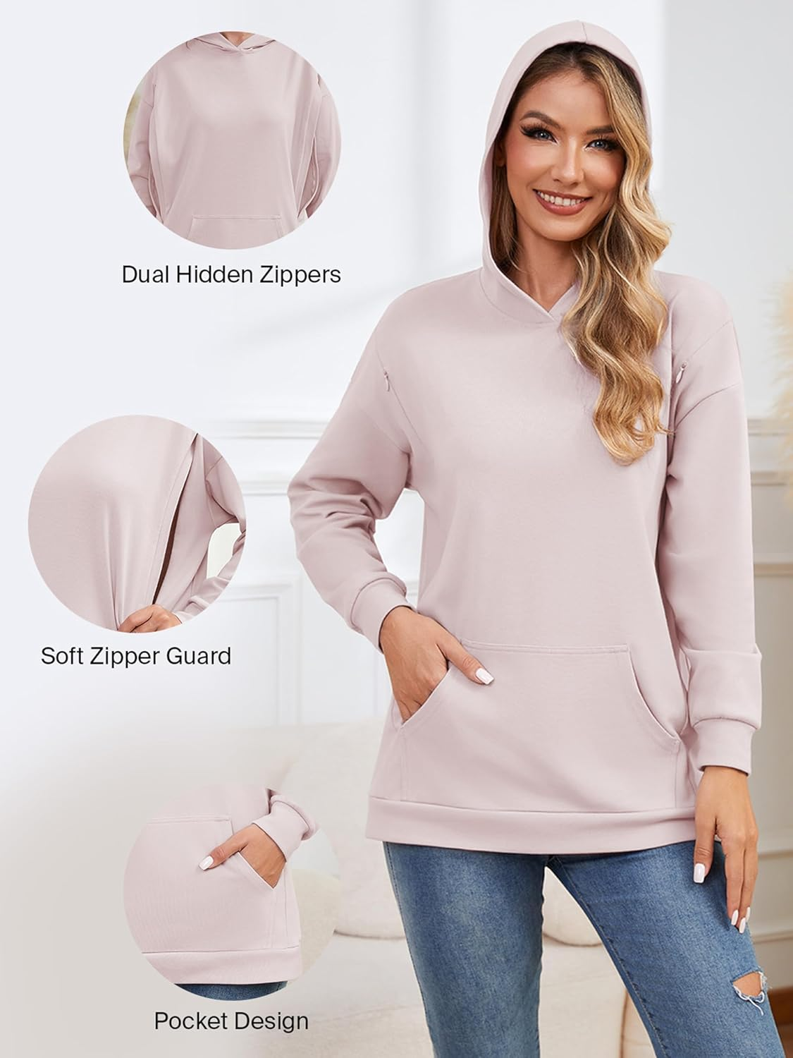 Ecavus Women'S Maternity Nursing Sweatshirt Hidden Zipper 2025 Long Sleeves Oversize Breastfeeding Pullover Tops with Pockets image number 3