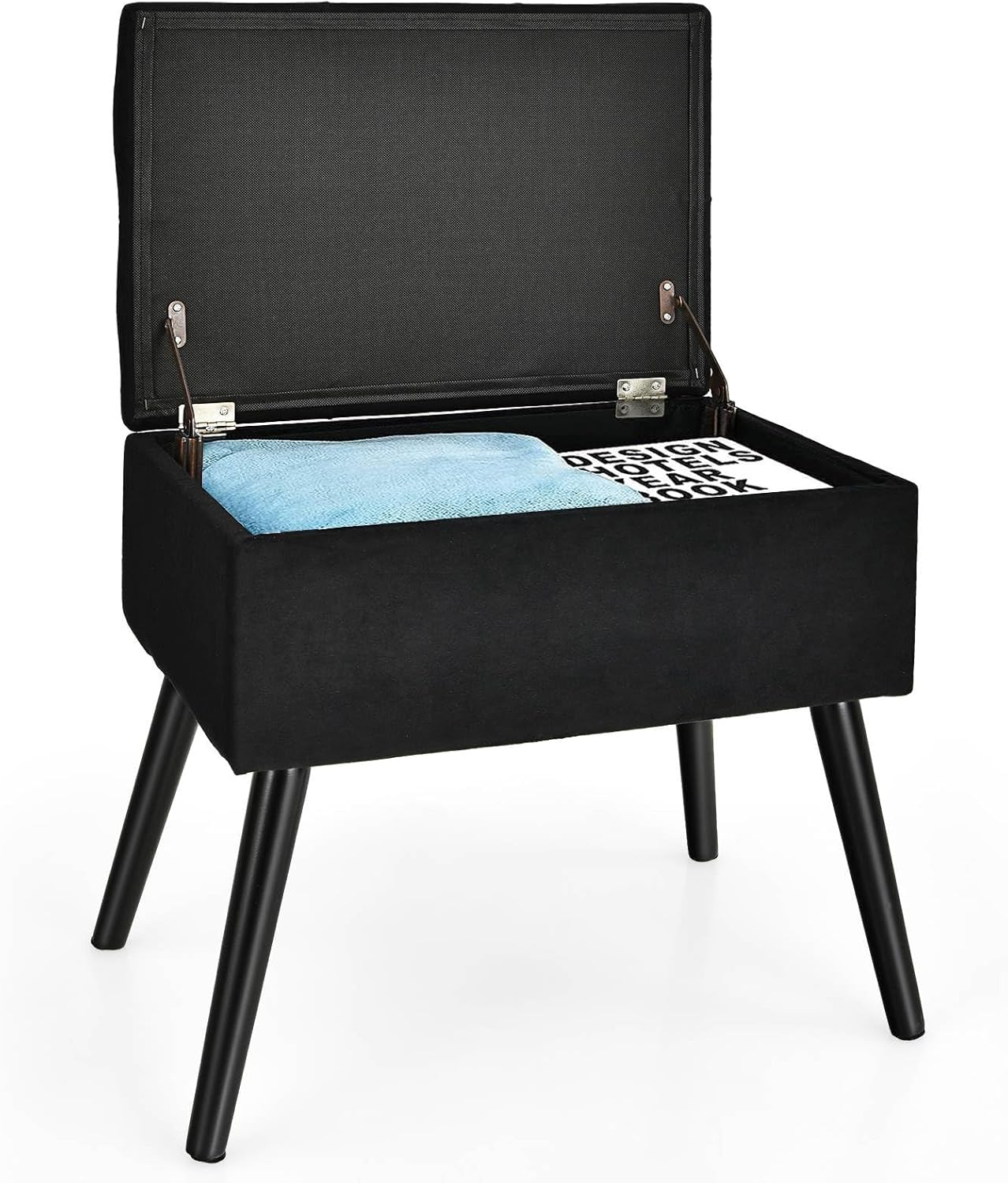 Costway Vanity Stool with Storage, Velvet Ottoman with Solid Wood Legs & Flip-Up Padded Seat, Modern Footrest Stool, Rectangular Shoe Changing Stool for Makeup Room, Entryway & Bedroom image number 6