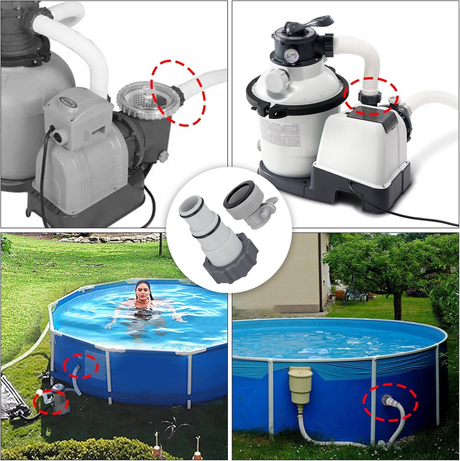 NQEUEPN 4Pcs Pool Hose Adapter Kit, Pool Swimming Pool Accessories for 2 3/8Inch External Thread 1 1/4 or 1 1/2 Inch Hose Stainless Steel Replacement Parts Fits for Intex Filter Pumps