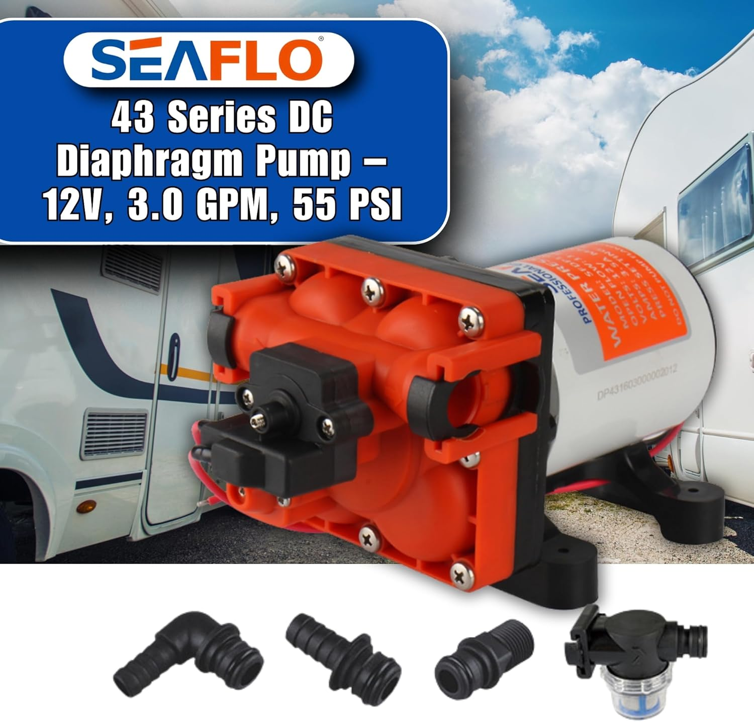 SEAFLO 43-Series Water Pressure Diaphragm Pump - 12V DC, 3.0 GPM, 55 PSI with Adjustable Pressure Switch, Self-Priming, UL & CSA Certified, Quick Attach - for RV, Boat, and Off-Grid Applications image number 4