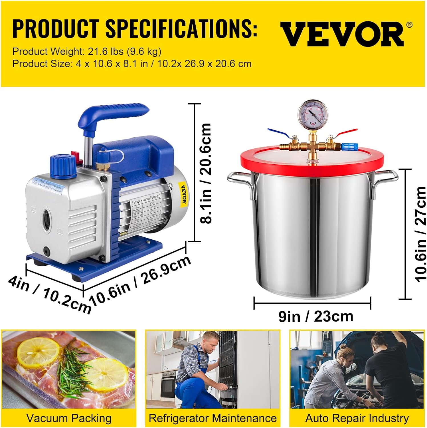 VEVOR 3 CFM 1/4HP Single Stage Vacuum Pump,3 Gallon/13 L Vacuum Chamber Kit, HVAC A/C Refrigeration Kit