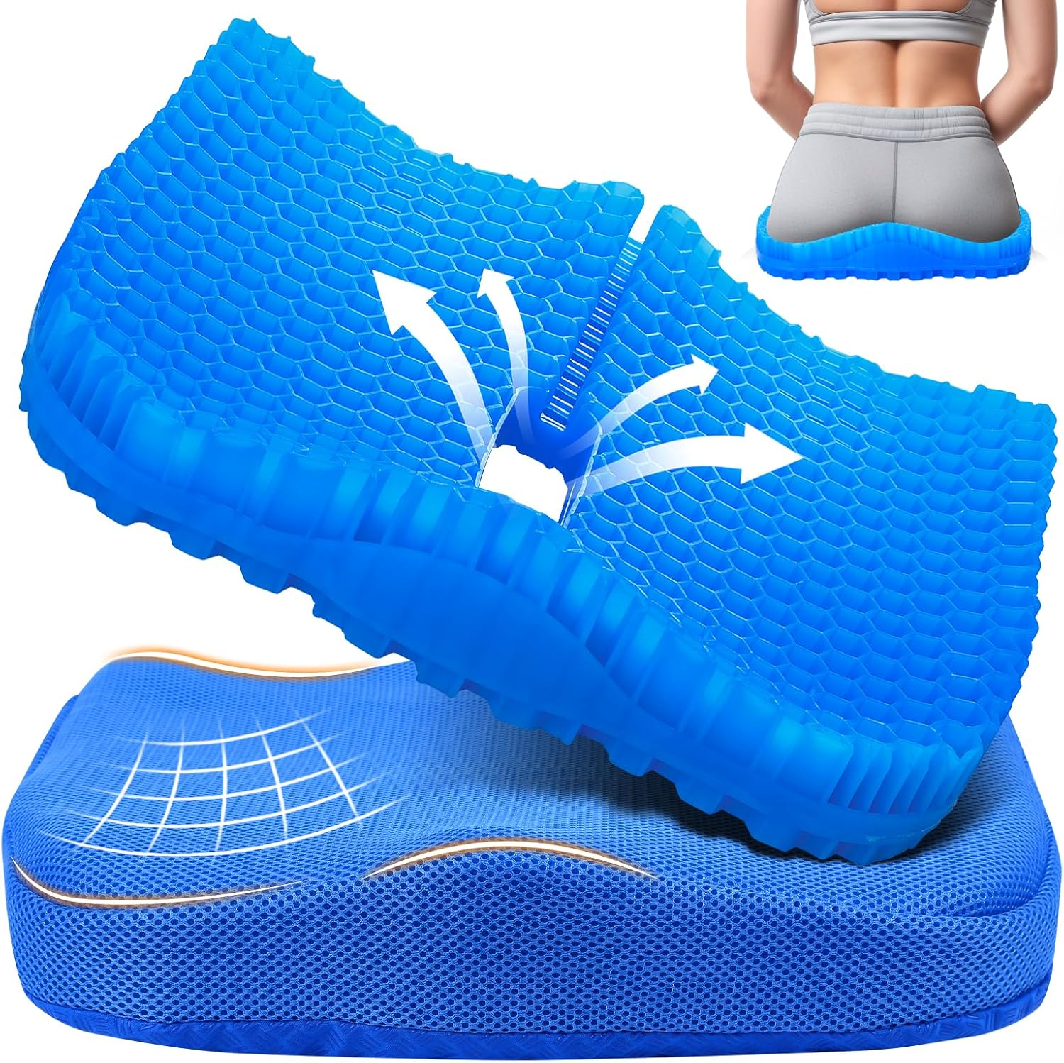 Bilbear Thicker Gel Seat Cushion,Large Gel Cushion for Office Chair,Breathable Chair Seat Pad,Pressure Relief Pad for Wheelchair&zwnj;,Car,Home & Kayaks (Blue)