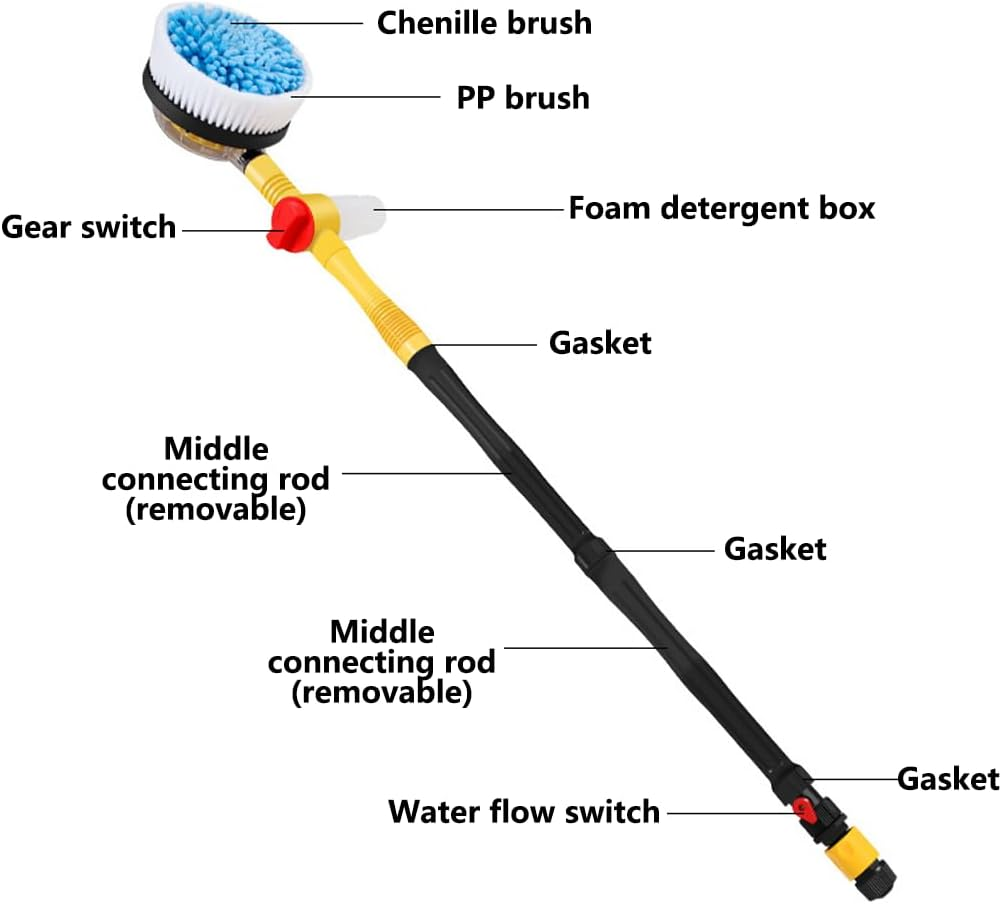 Sunblue Rotating Car Wash Brush, High Pressure Foam Brush with Soap Dispenser & Hose Attachment - Automatic Car Cleaner & Styling Tool
