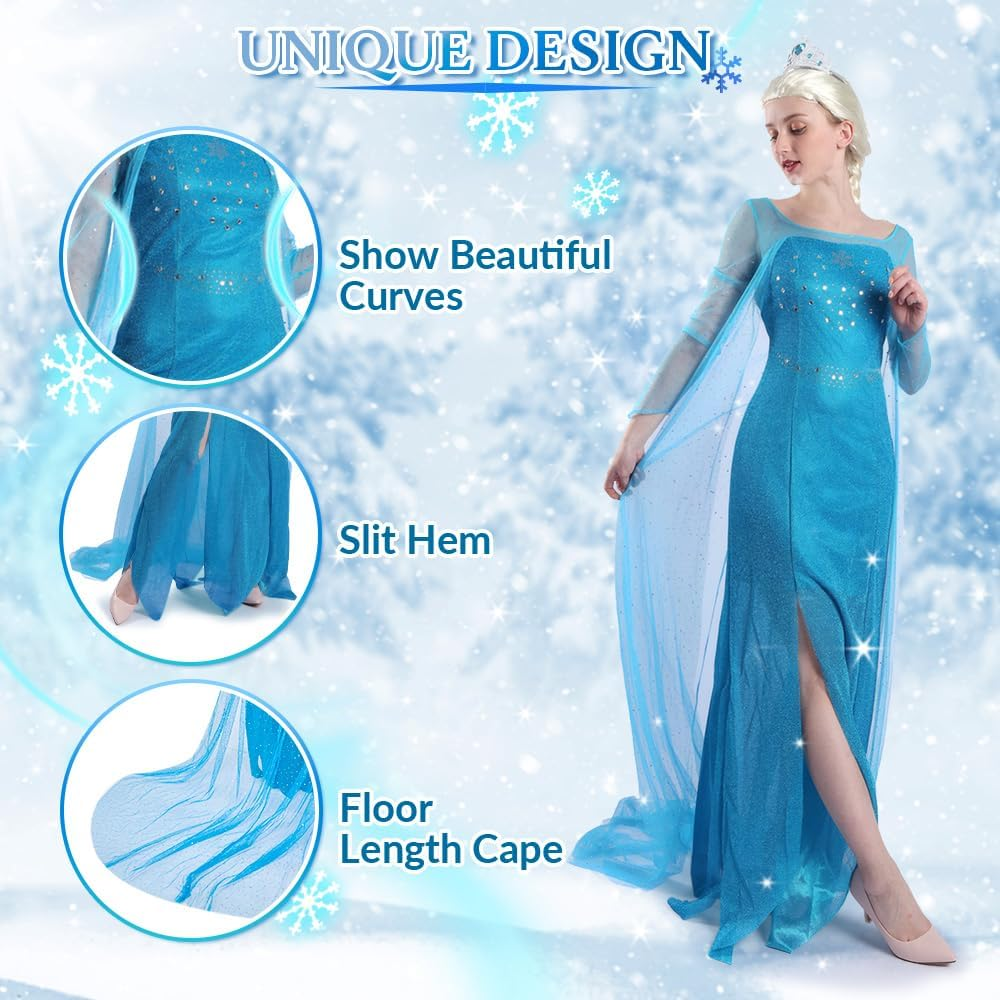AUTOWT Womens Princess Costume, Elsa Cosplay Dress up with Cape Queen Gown, Snow Princess Role Play Outfits for Adult Birthday Party Costume Book Week image number 6