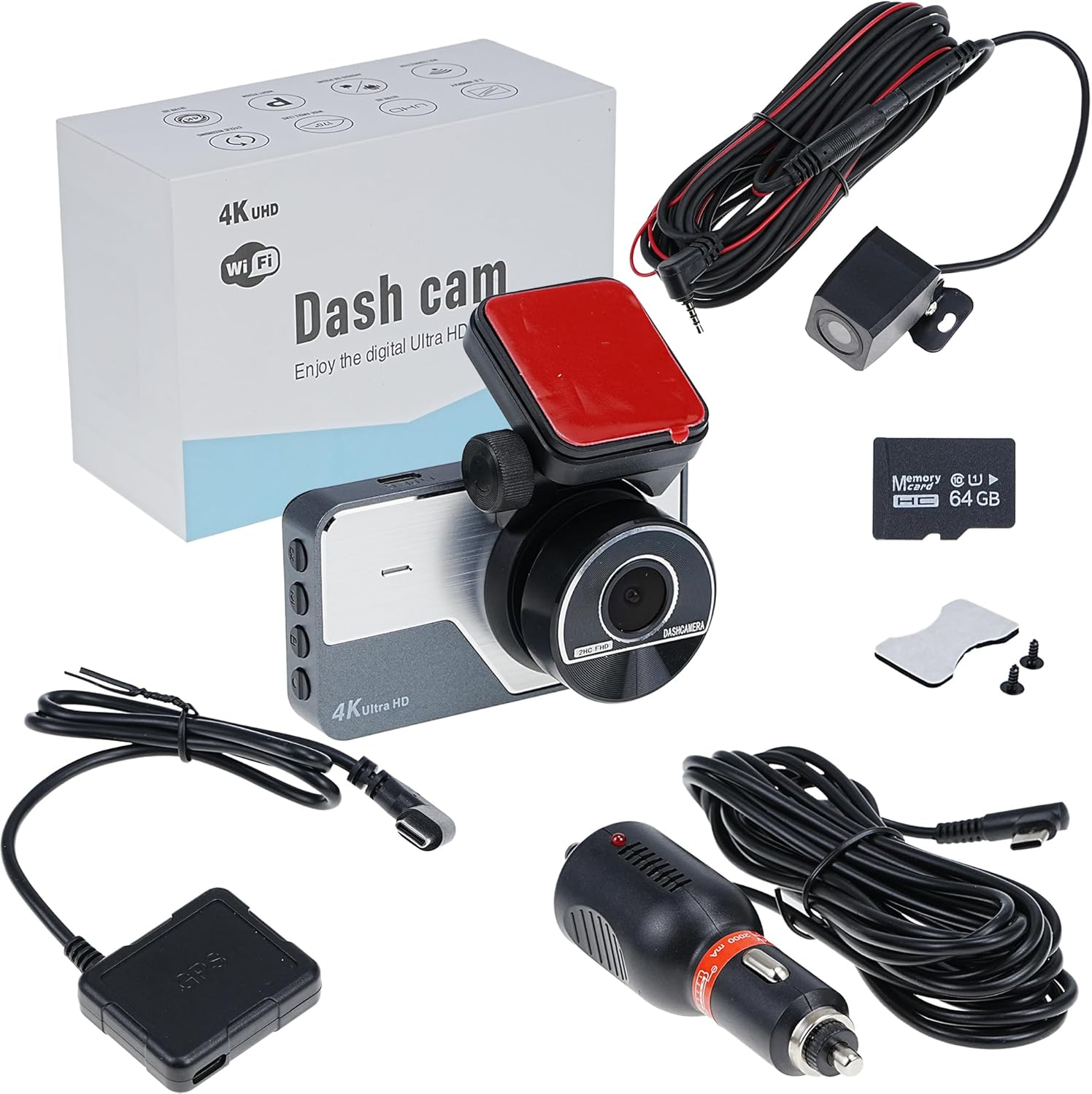 Front and Rear Dash Cam, 4K+1080P, Built-In Wifi GPS, 3 Inch Screen, 64GB Card (512GB Max), 24H Parking Monitor, Night Vision, HDR, Motion Detection