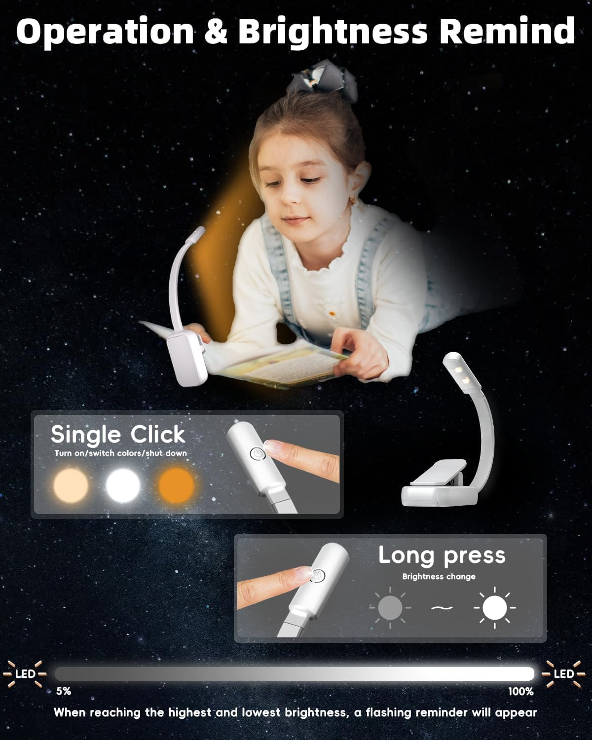 Book Light,Reading Lights for Books in Bed,Aaa Battery Clip-On Led Reading Light with 3 Colors & Stepless Dimming,Portable and Ultra-Lightweight with Long Runtime (White)