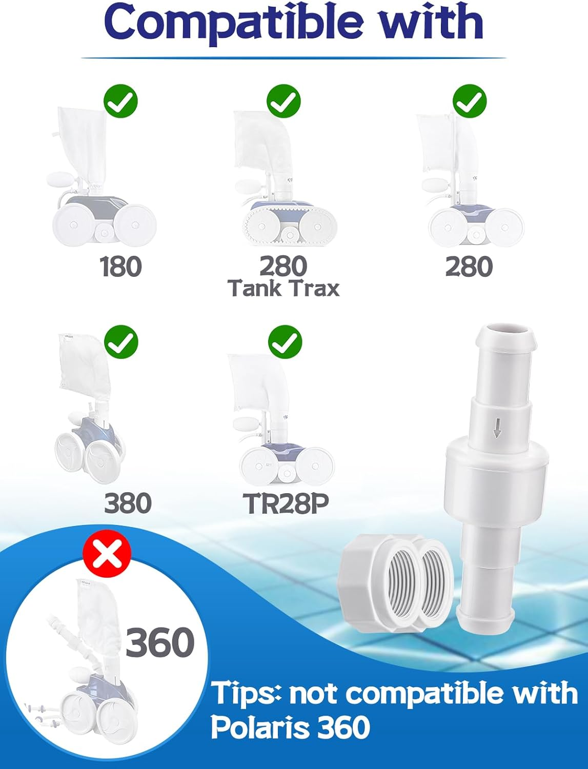 3 Pack Pool Cleaner Hose Swivel Nut Kits- 3Pcs Hose Ball Bearing Swivel D20 Replacements+ 6Pcs Pool Cleaner Feed Hose Nut Set Pool Cleaner Hose Replacement Accessories for Polaris 180 280 380 D20 D-20 - White image number 6