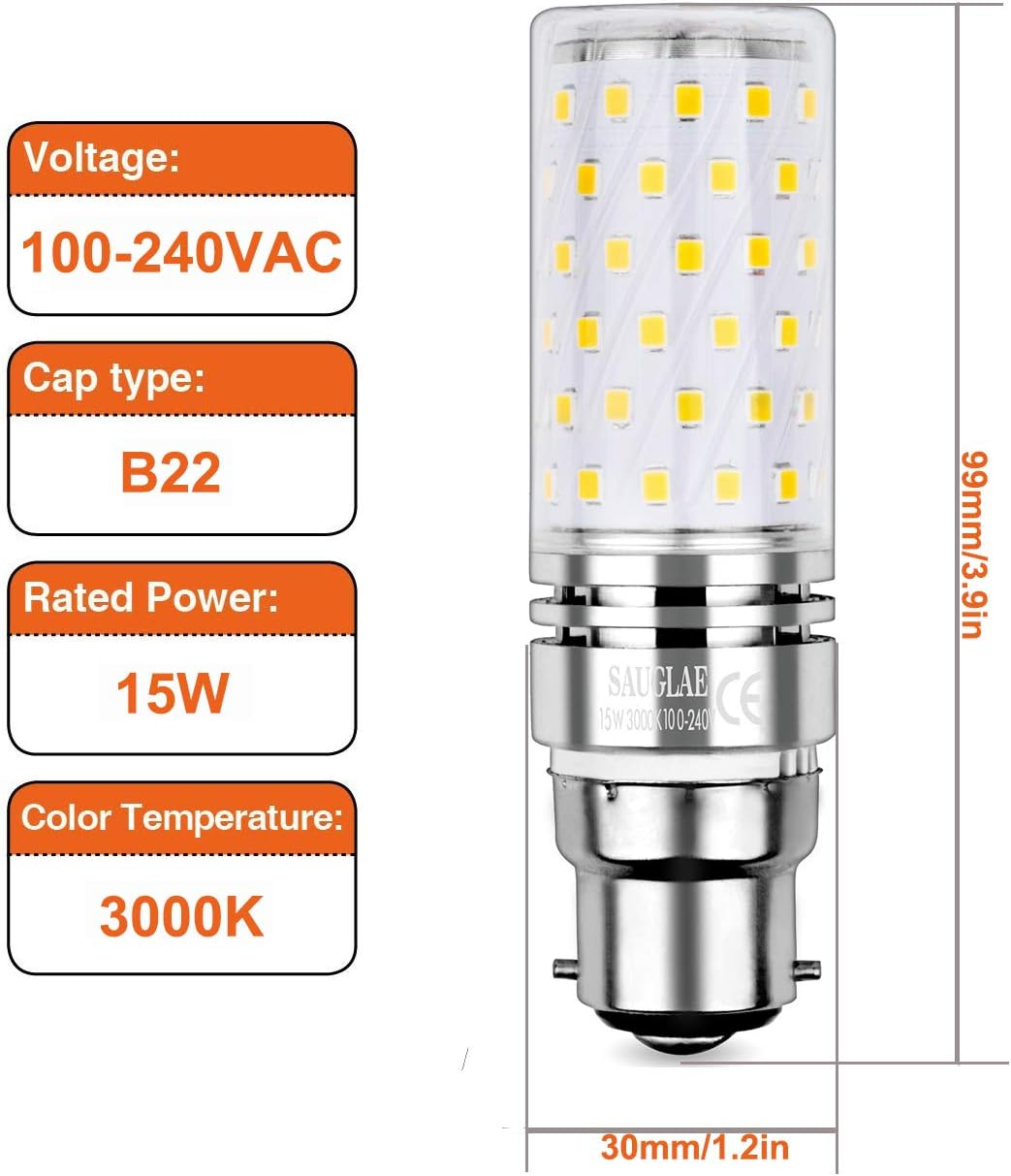 SAUGLAE Led Corn Bulbs 15W, 120W Incandescent Bulbs Equivalent, 3000K Warm White, 1700Lm, B22 Bayonet Cap Led Light Bulbs, Non-Dimmable, Pack of 4 image number 6
