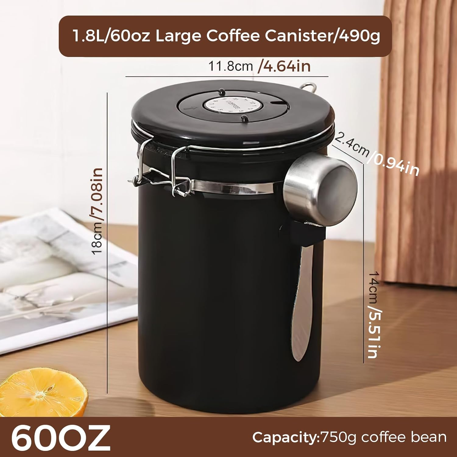 1.8L/60Oz Large Stainless Steel Coffee Canister，With Airtight Seal BPA Free Silicone Lid for Fresh Coffee Bean Storage Coffee Container Includes Coffee Spoon Ideal for Tea Sugar and Grains（Black）