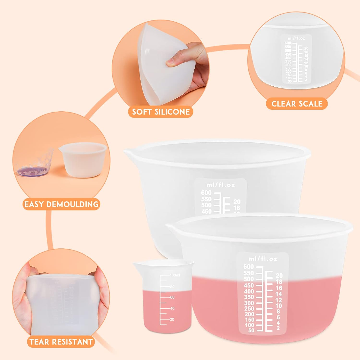 Silicone Resin Measuring Cups Tool Kit, Non-Stick Large Silicone Bowls for Epoxy Resin, Reusable 600&100Ml Silicone Mixing Cup with Stir Sticks, Pipettes, Epoxy Resin Supplies, Molds, Jewelry Making - 2Pcs 600Ml image number 6