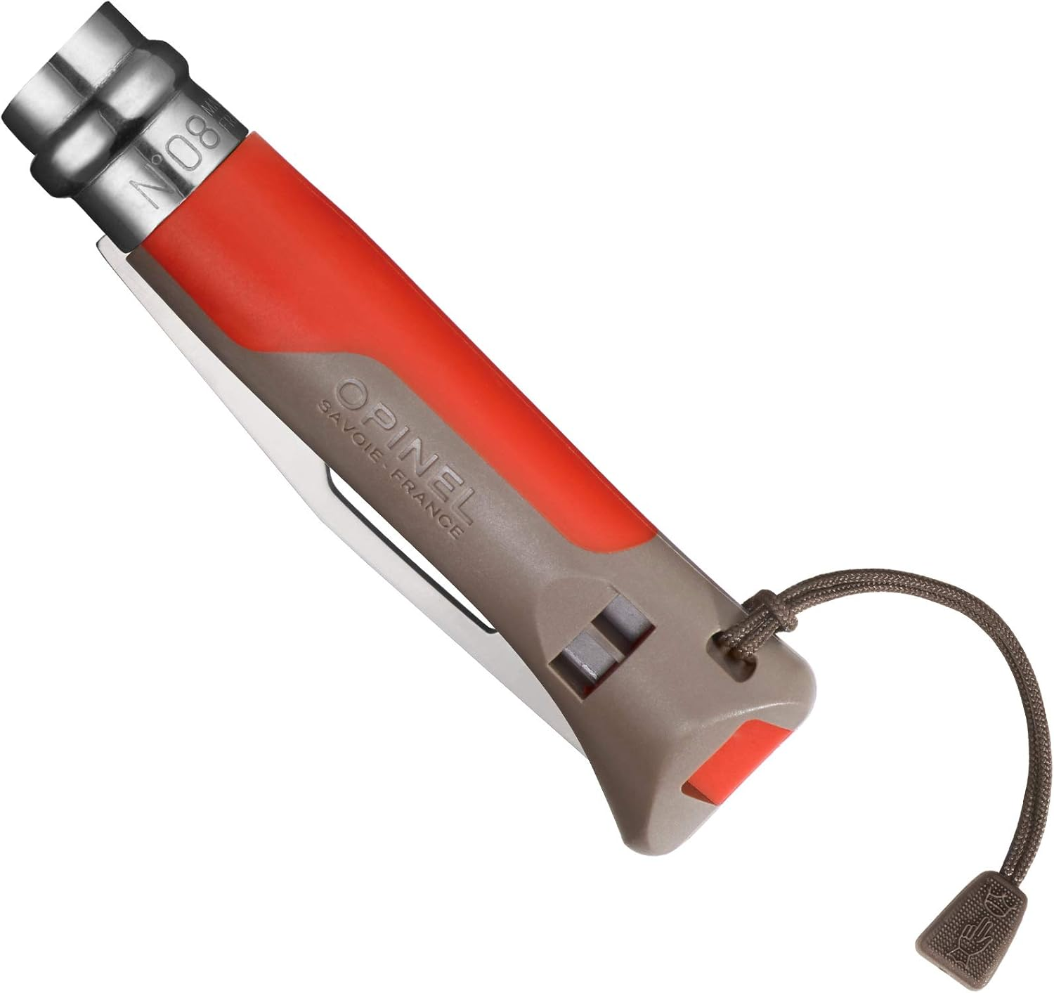 Opinel No. 08 Outdoor Folding Knife + Multitool - Partially Serrated Stainless Steel Blade, Nonslip Handle, Survival Whistle, Shackle Key