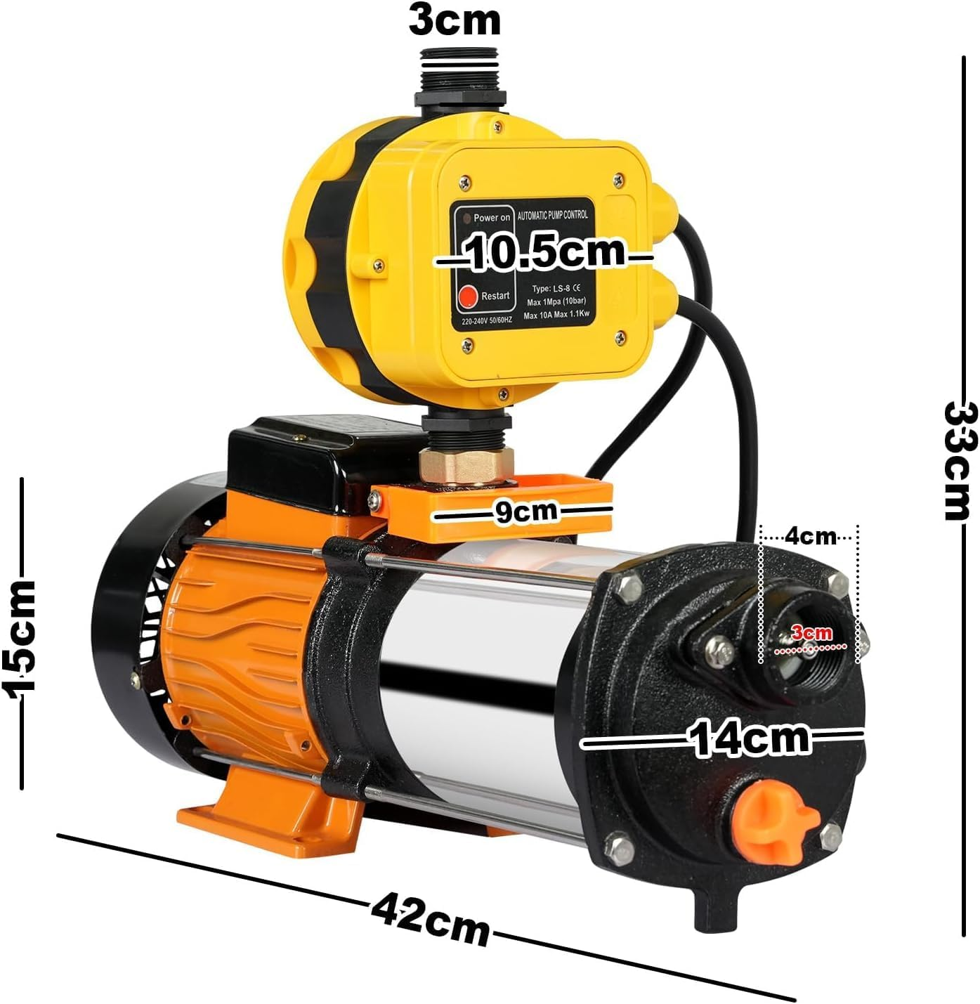 Advwin 3.5HP Water Pump, 12600L/H High Pressure Garden Pump with Smart Controller, Self-Priming and Automatic Farm Irrigation, Shallow Well for Home, Garden, and Lawn Irrigation image number 6