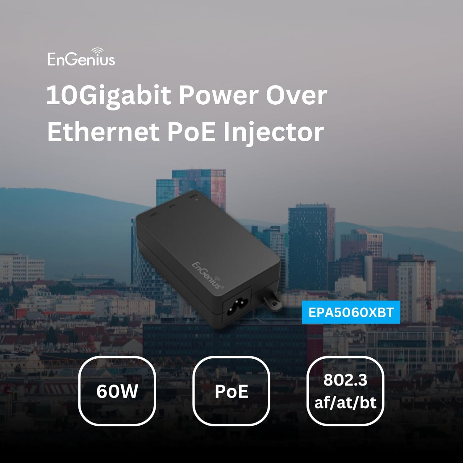 Engenius Poe++ Injector 60W 10Gbps Network Adapter | 802.3Bt/At/Af | Single-Port Power over Ethernet Adapter| Built-In PSU| 100M Range | Wifi 6 Aps, IP Cameras, Voip Phones, POS, Nurse Call-Epa5060Xbt