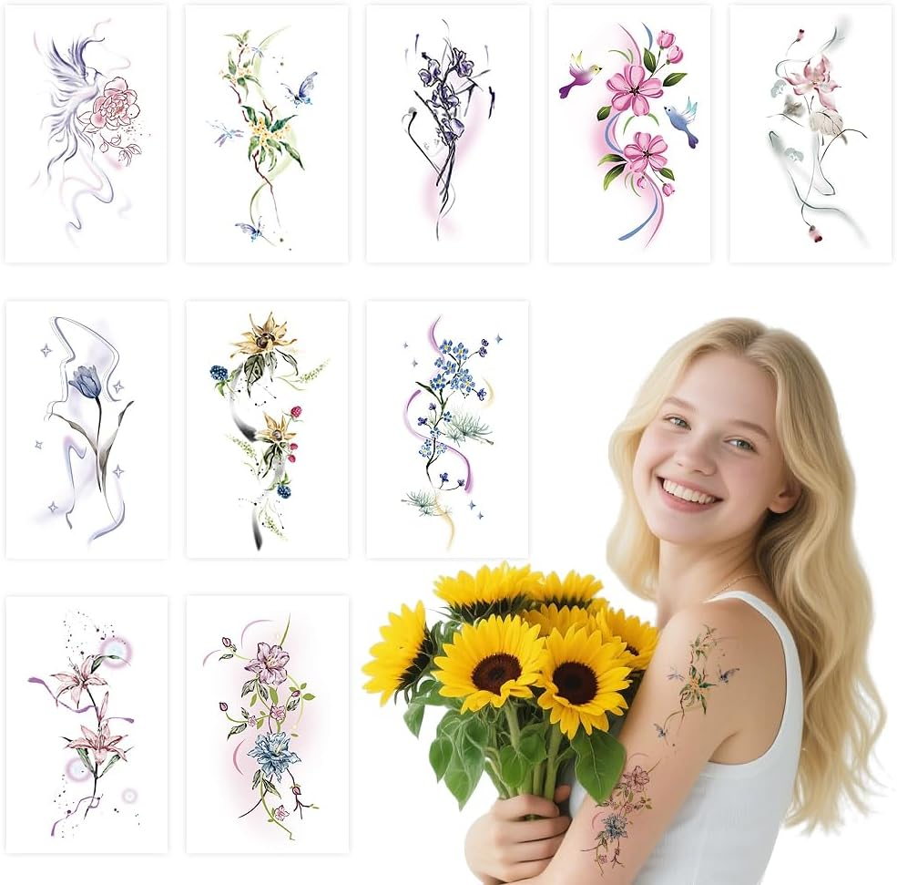 10 Sheets Temporary Flower Tattoos Waterproof Abstract Flowers Birds Butterflies Animal Face Tattoos Gems Face Tattoos for Women Girls Kids Parties image number 2