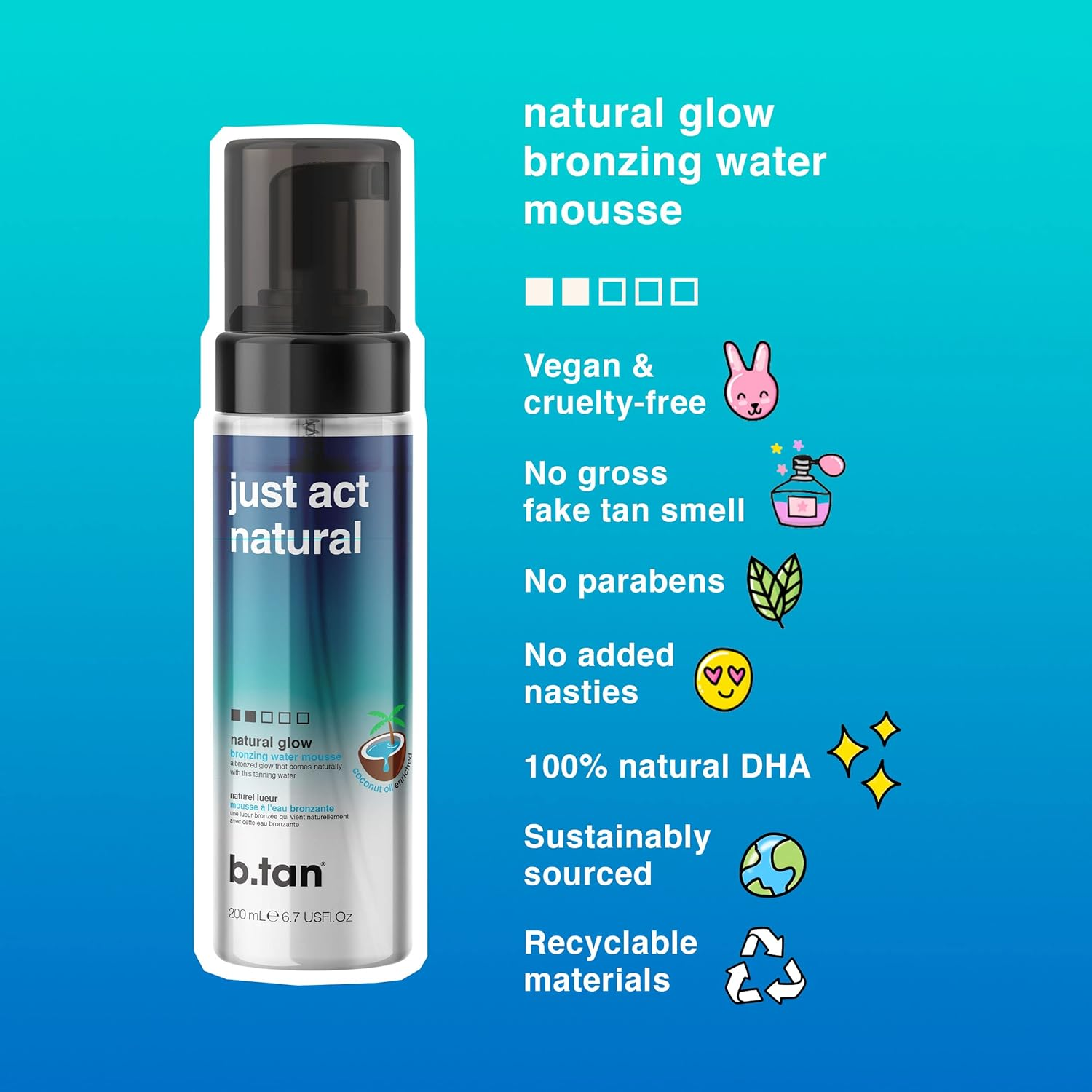 B.Tan Clear Self Tanning Mousse | Just Act Natural - 1-Hour Express Sunless Self Tanning Mousse, Dark Tan, Non-Staining, with Coconut Water & Vitamin E, Face & Body image number 2