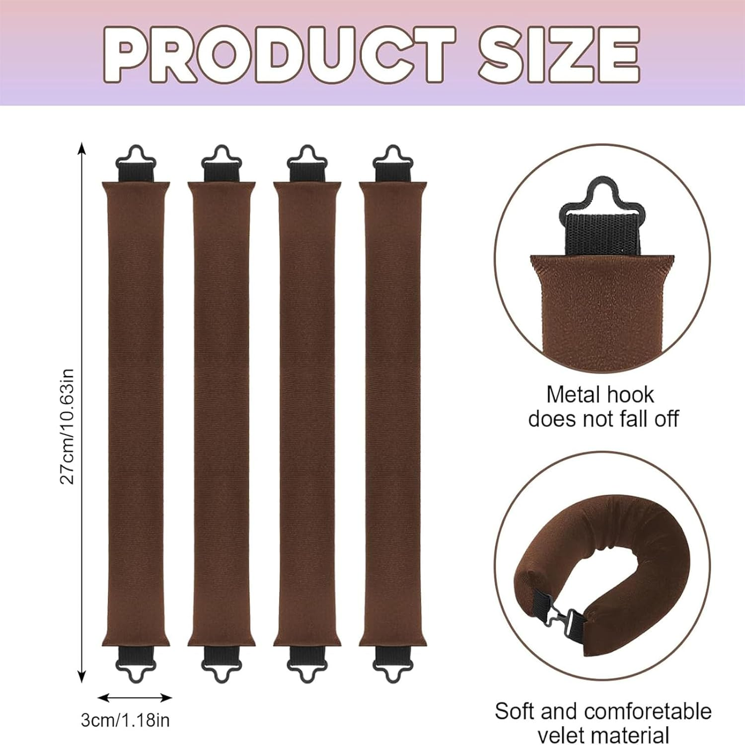 Heatless Hair Curler 4Pcs Overnight Rods for No Heat Curls - Velvet Satin Flexi Rods Sleep in Curlers Blowout for Long Short Hair Volume Women Styling Tools Brown image number 3