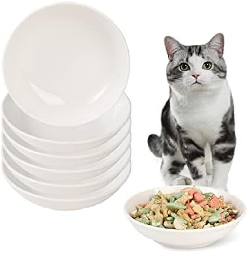 Ceramic Cat Food Bowl Set - Wide Shallow Cat Bowl for Whisker Fatigue Relief - Cute Cat Feeding Bowls - Flat Cat Dish - Cat Plates - Microwave and Dishwasher Safe - 6 Pack - 8.5 Oz - 5.75 Inch - White