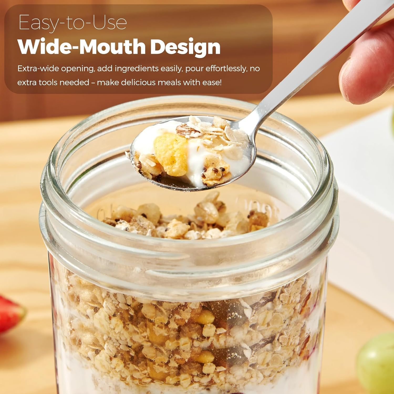6 PCS 15Oz Overnight Oats Containers with Lids and Spoons, Wide Mouth Glass Mason Overnight Oats Jars, Large Capacity Airtight Jars for Milk, Cereal, Fruit image number 6