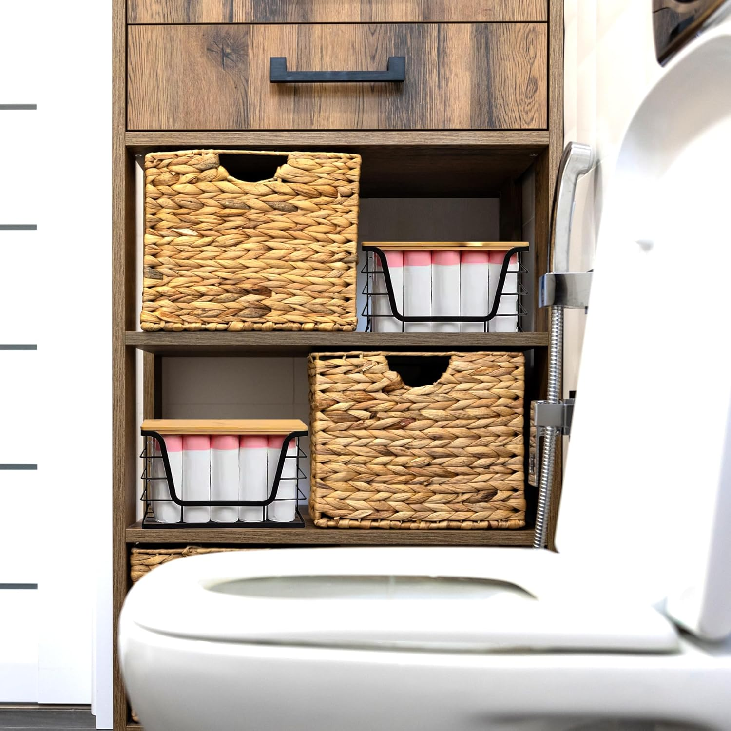 2 Pack Trash Bag Dispenser and Garbage Holder &ndash; Stackable Roll Storage Box with Bamboo Top for Kitchen, Bathroom & under Sink Home Organization image number 5