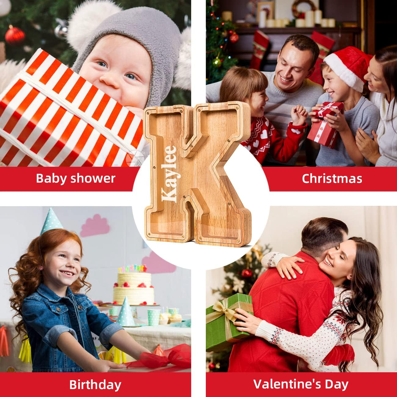 Summidate Wood Letter Piggy Bank| Piggy Bank for Boys| A-Z Alphabet Coin Bank for Kids|Children'S Day Gift(Initial-K) image number 1