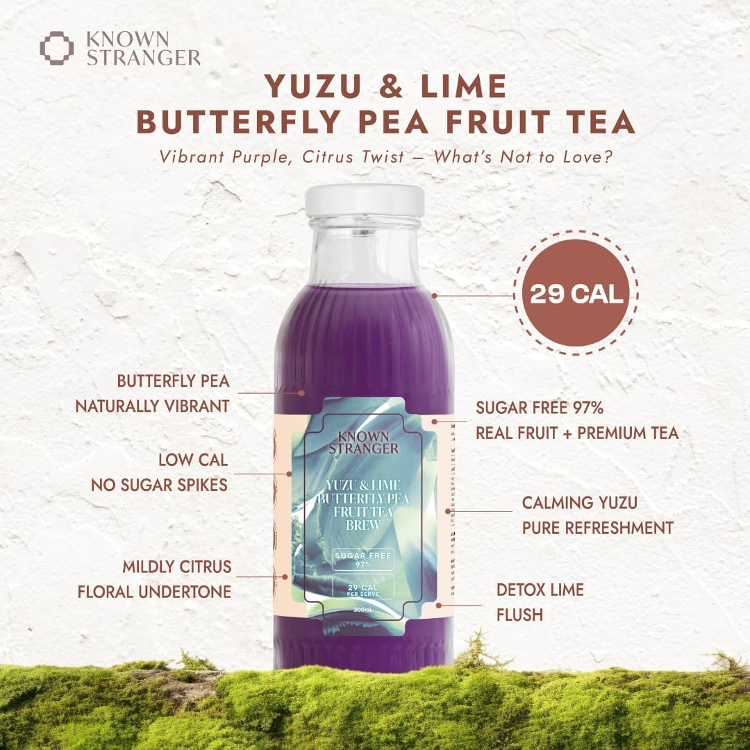 Known Stranger Fruit Tea Brew | Mixed Pack | 12 X 300Ml Glass Bottle (6 Flavours X2 Bottles Ea). Yuzu Butterfly Pea, Five Berries, Apple Cinnamon, Passionfruit Hibiscus, Mango Pineapple, Lemon Juice