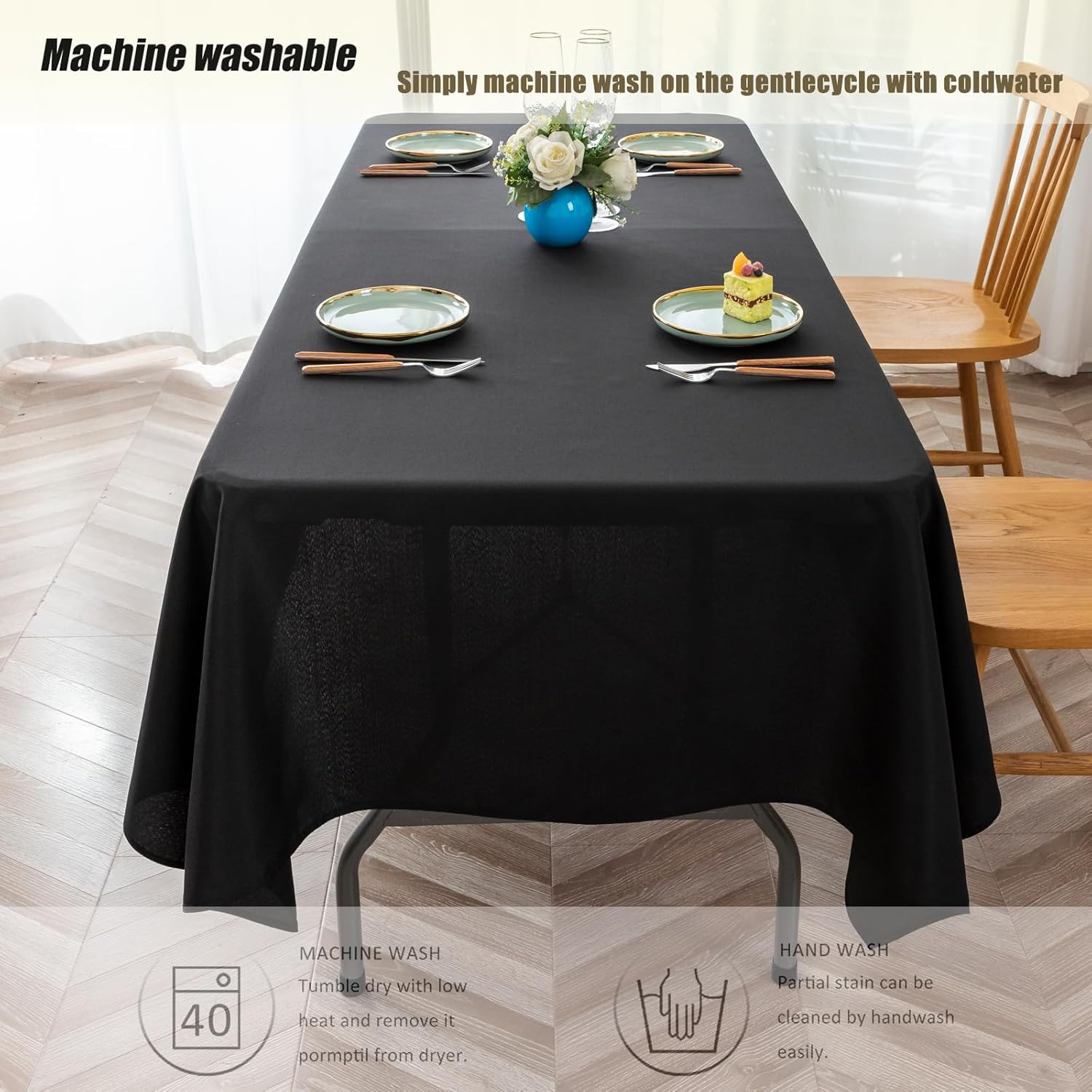 4 Pack Tablecloths for Rectangle Tables, 150 X 300 CM -Reusable and Washable Table Clothes, Polyester Fabric Table Covers for Wedding, Party, Banquet (4, Black) image number 3