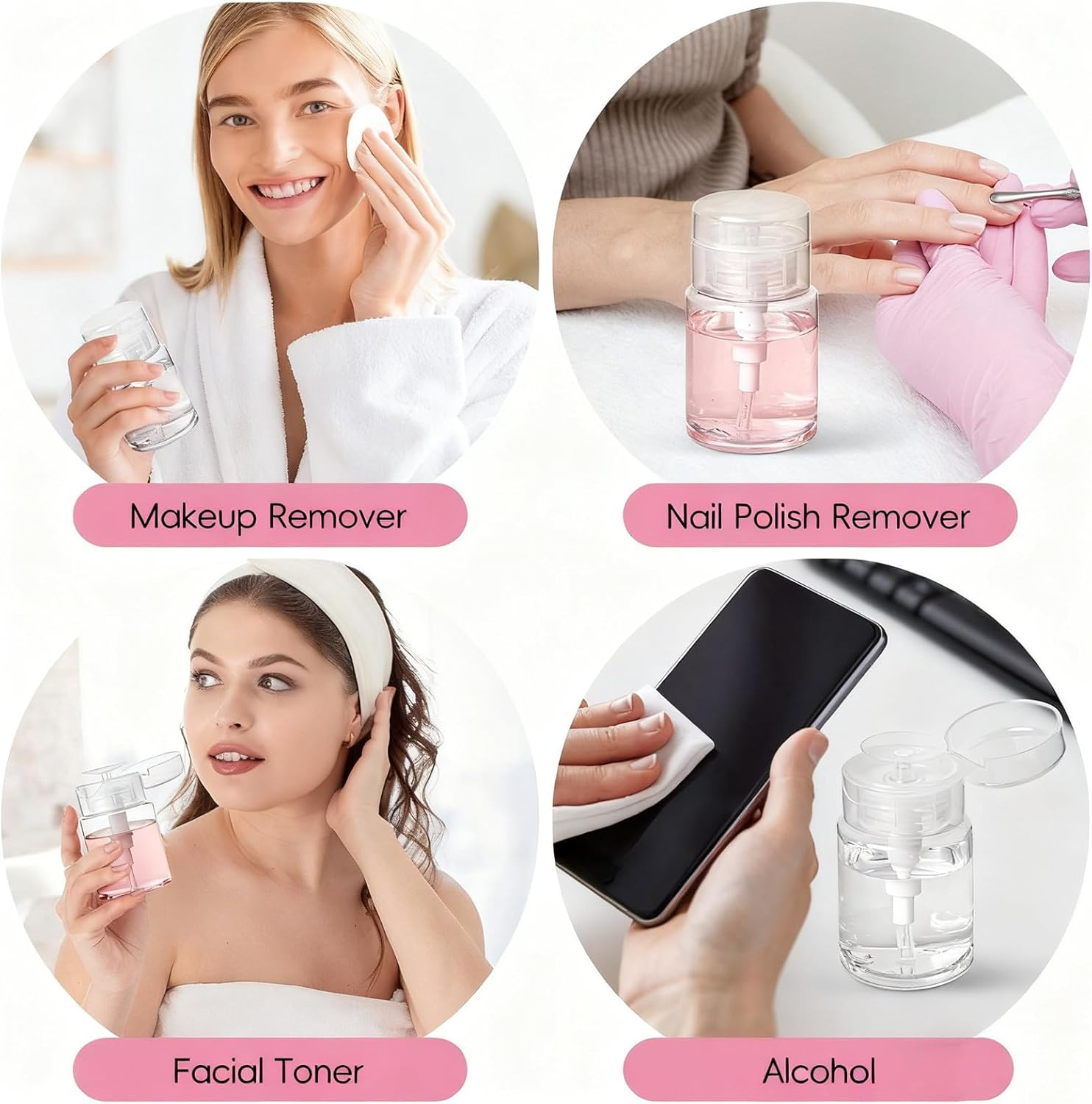 TUZAZO 3 Pack Push down Pump Bottle Dispenser for Makeup Remover, Facial Toner, Micellar Water, Alcohol, Nail Polish Remover Empty Push Top Bottles Containers 3.4Oz/100Ml image number 4