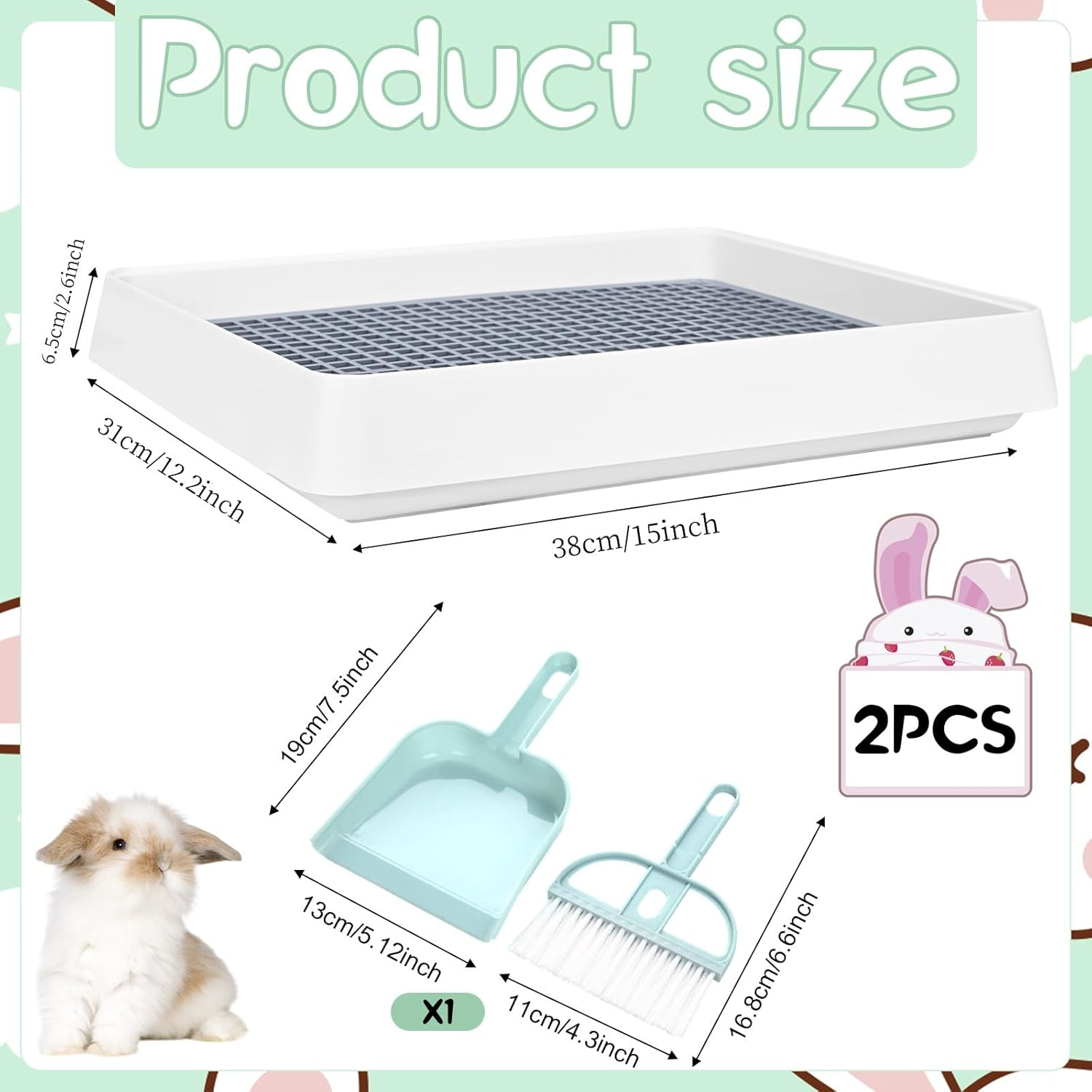 2 Pack Large Rabbit Litter Box with Small Broom and Dustpan Rabbit Litter Pan for Cage Bunny Litter Box Grate Restroom Rabbit Litter Tray Rabbit Toilet - 15 X 12.2 X 2.6 Inches image number 1