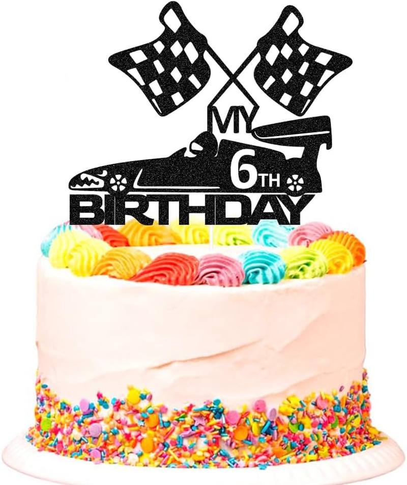 SWEETTALA Racing Car 6Th Cake Topper for Race Car Checkered Flag Themed Kids Boy Girl 6 Years Old Birthday Party Decorations Black Glitter (My 6Th Birthday) image number 3