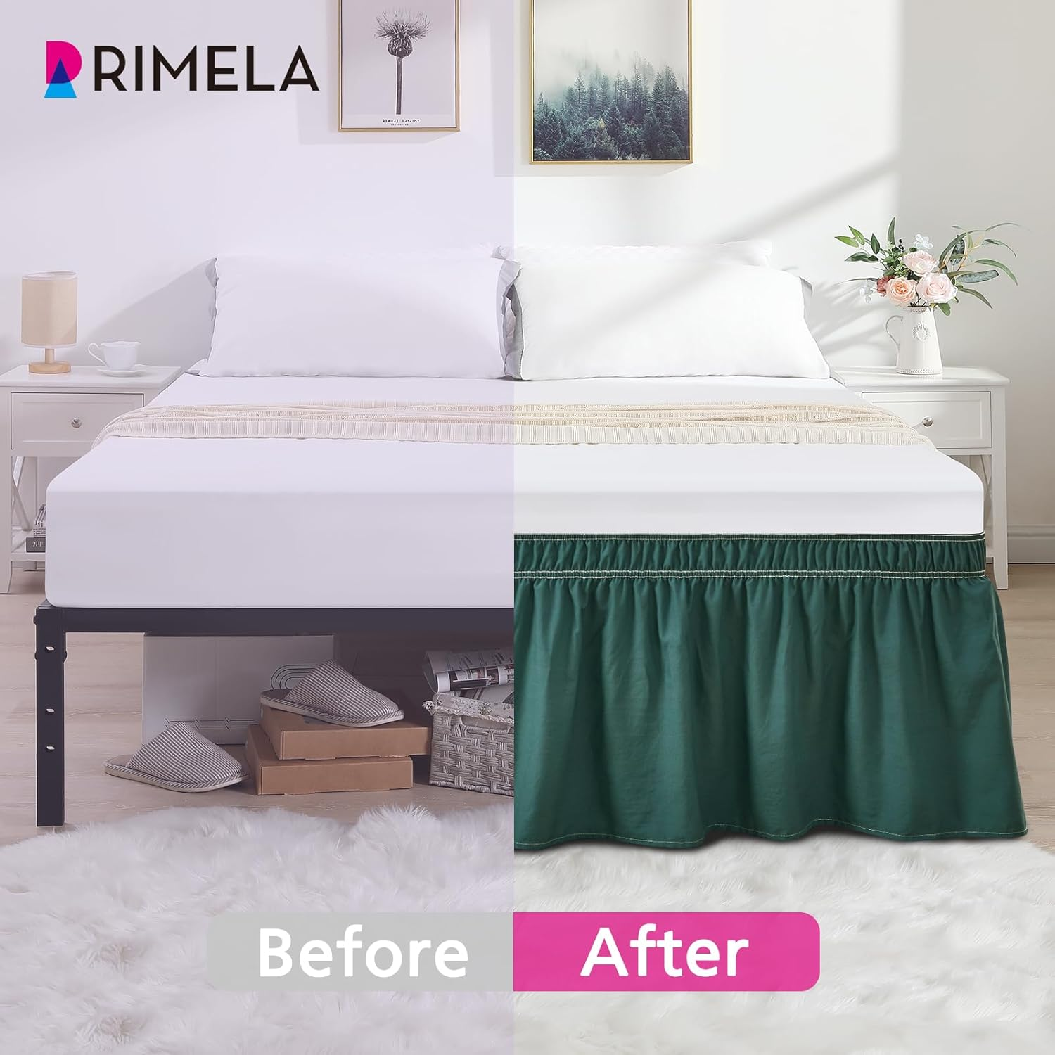 RIMELA Emerald Green Bed Skirt Queen Size 18 Inch Drop, Wrap around Elastic Bedskirt, Dust Ruffle for Adjustable Bed Base Machine Washable Easy to Install Bed Skirts image number 3