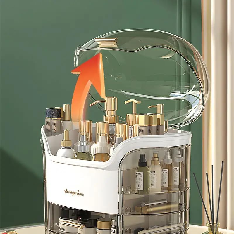 Makeup Organizer for Vanity, Portable Cosmetic Storage Box with Transparent Lid and Rotating Drawer, Dustproof and Waterproof Large Countertop Organizer Make up Holder for Bedroom, Bathroom