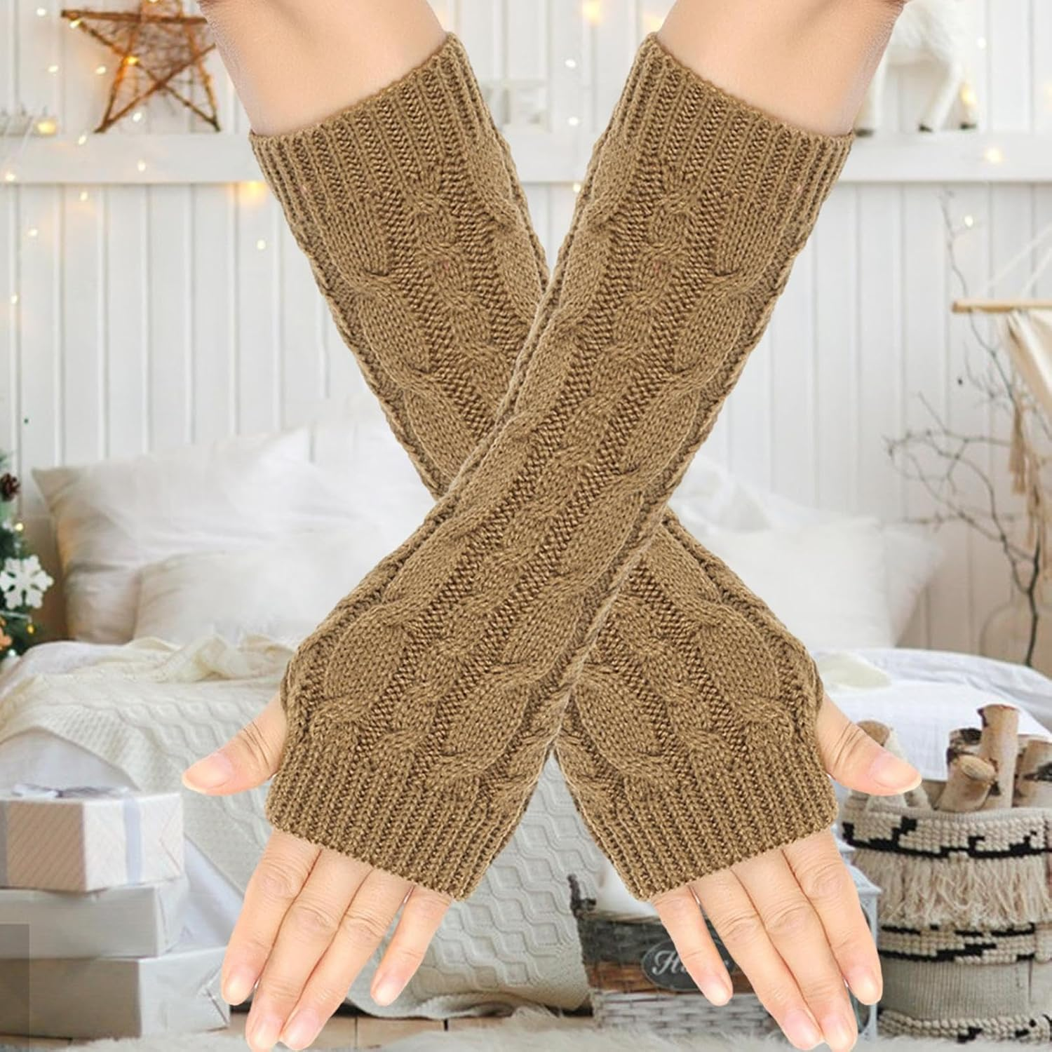 Long Fingerless Gloves - Long Fingerless Gloves Knit Warmer - Soft and Stretchy Half Finger Winter Warm Knitted Arm Warmers for Family, Friends image number 6