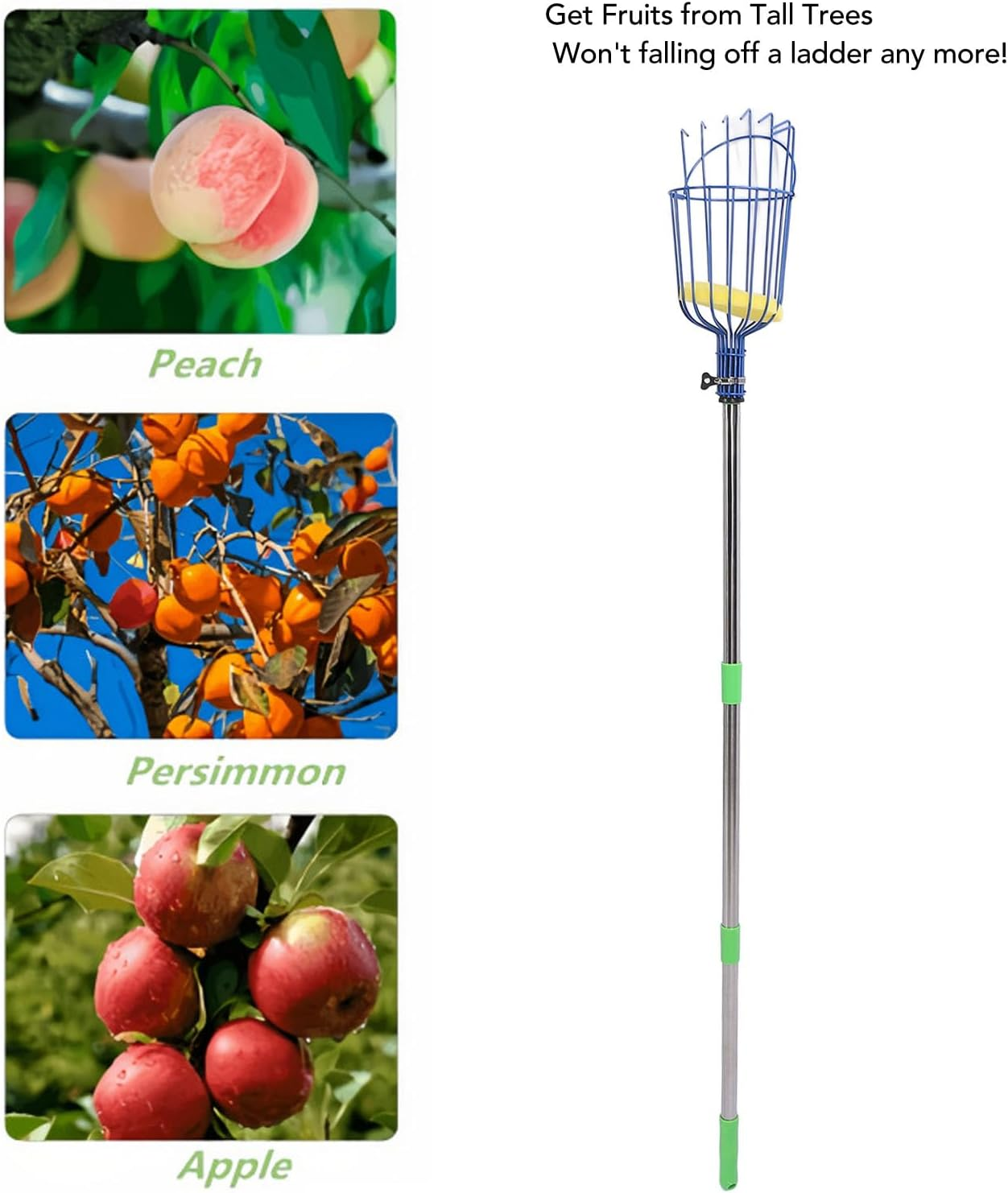 13.8Ft Fruit Picker, Adjustable Fruit Picker Pole with Basket, Stainless Steel Telescoping Fruit Grabber, Lightweight Fruit Catcher for Pear, Lemon, Orange, Mango, Avocados