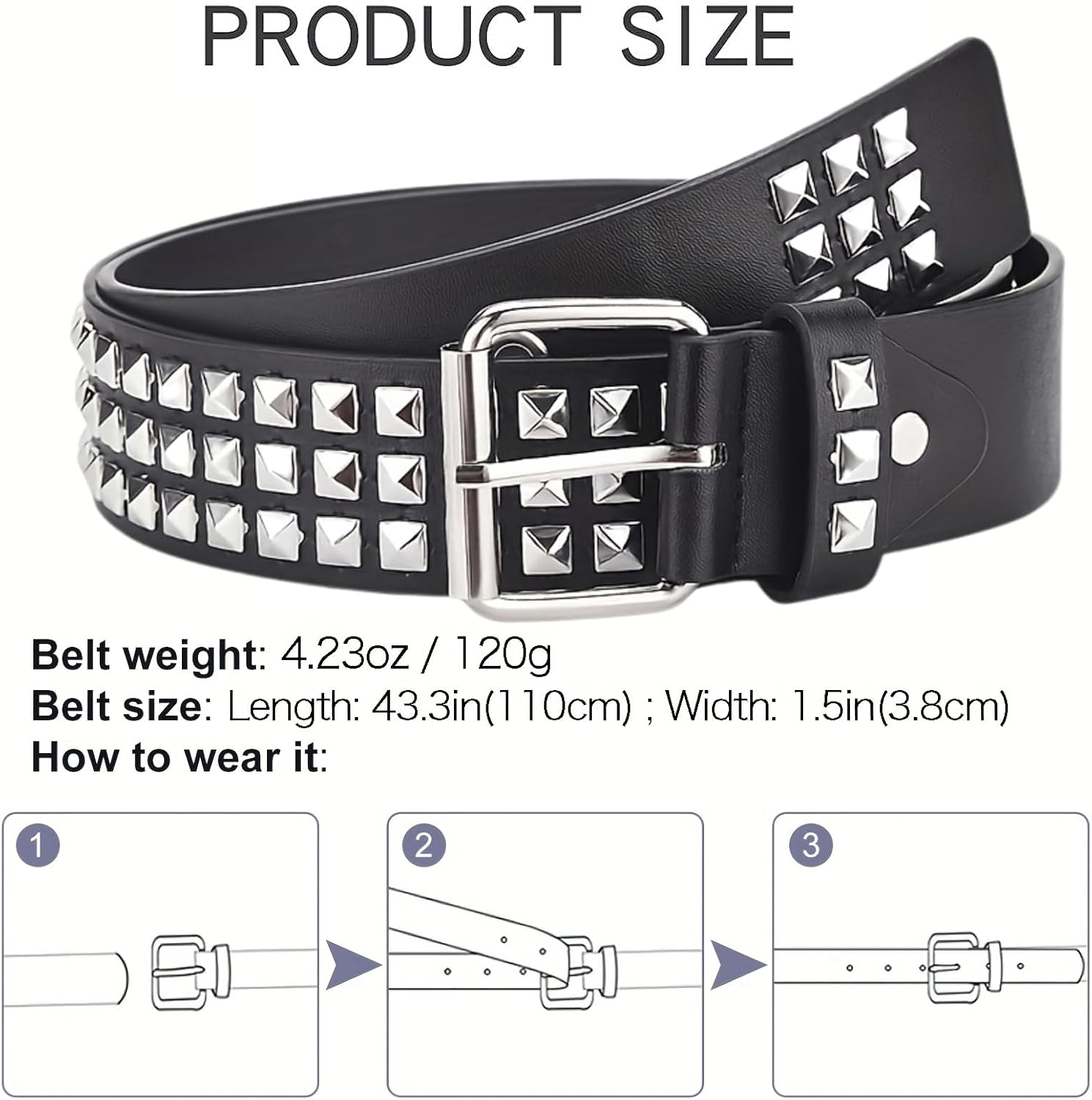 Metal Punk Rock Rivet Studded Belt for Women Men, Gothic Belt with Bright Pyramid Studs
