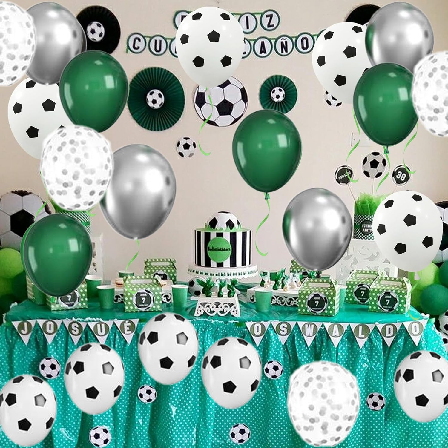 Football Balloons, 12 Inch Soccer Balloons Green Black White Latex Balloons Soccer Printed Balloons with Ribbons for Boys Football Soccer Party Sports Anniversary Baby Shower Decorations image number 3