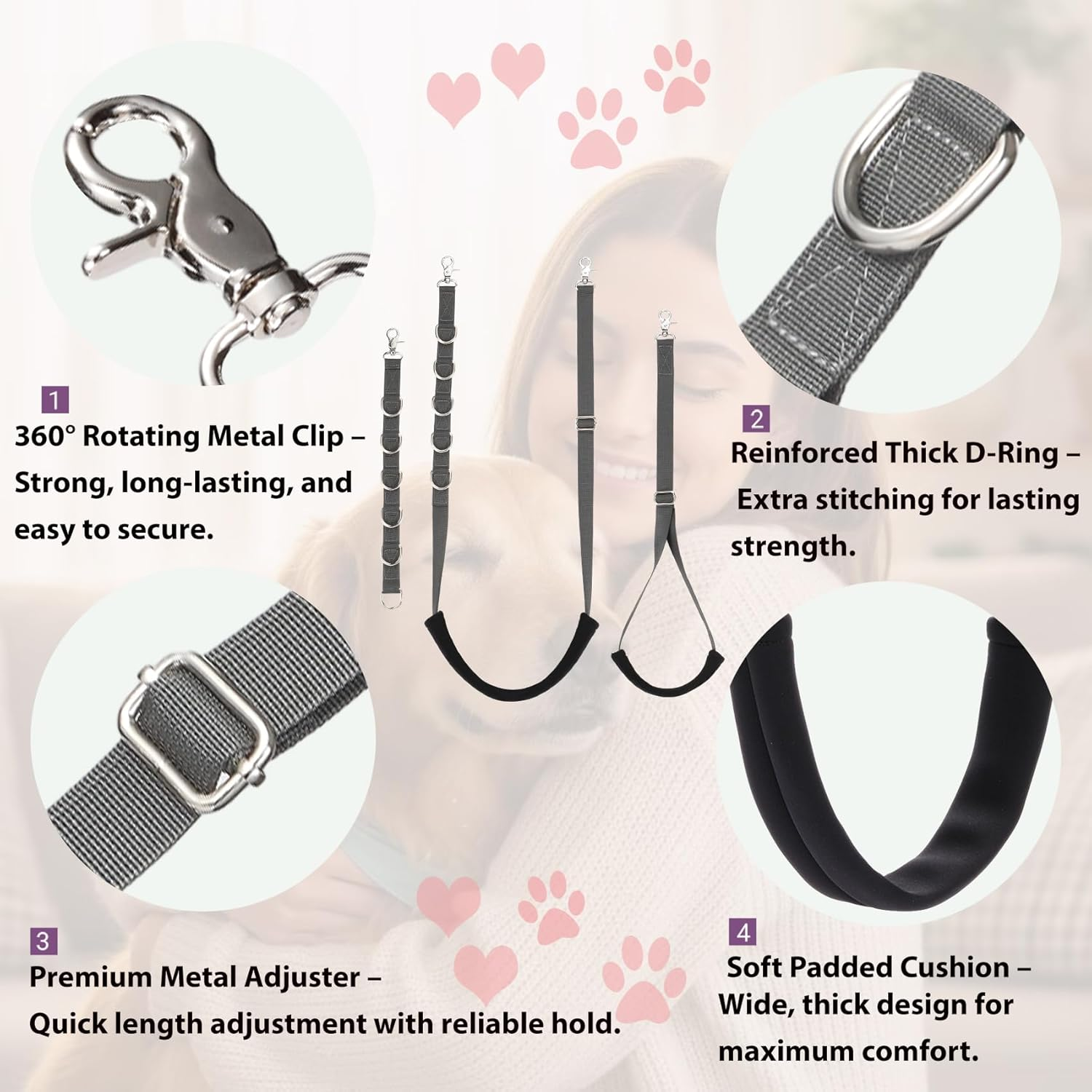 Dog Grooming Belly Straps Belly Band & Loop Extension Set - Adjustable & Comfortable Grooming Tools for Pet Grooming Tables Arms and All Dog Breeds (Gray) - Black image number 2