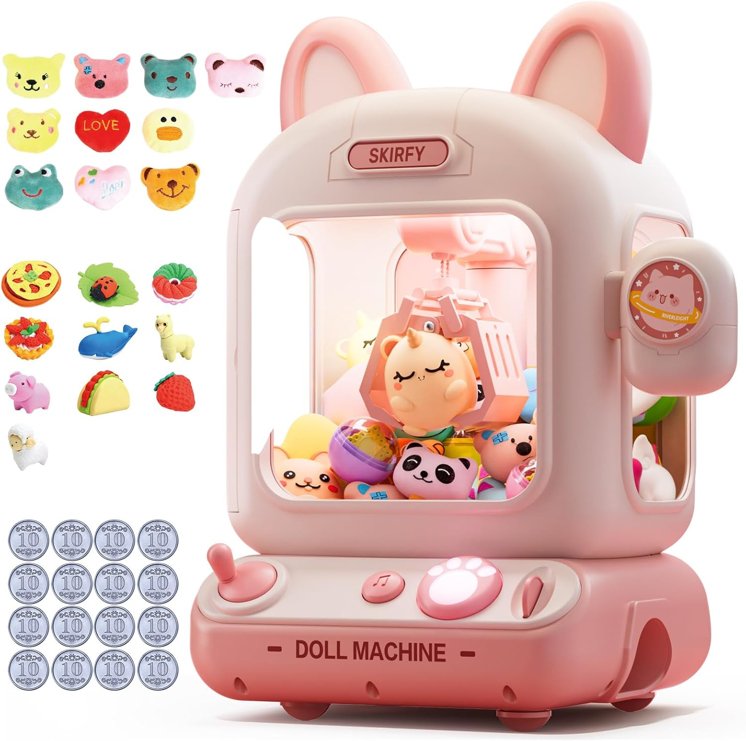 Skirfy Claw Machine for Kids,Mini Vending Machine, Prize Dispenser Toys for Girls and Boys, Electronic Arcade Game for Party Birthdays Includes 32 Mini Toys(Brown)