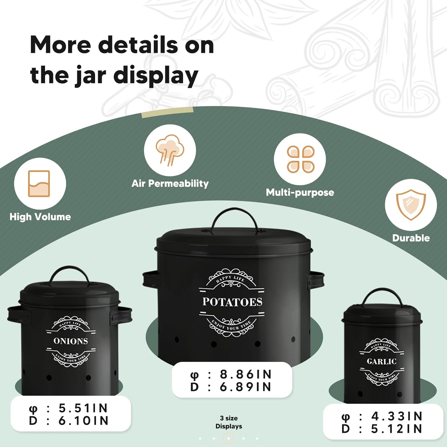 Set of 3 Potato Onion Garlic Storage Bins Kitchen Vegetable Storage Tins Potato Storage Jars with Lids Onion Storage Containers with Ventilation Holes Keeps Vegetables Fresh Longer (Black)