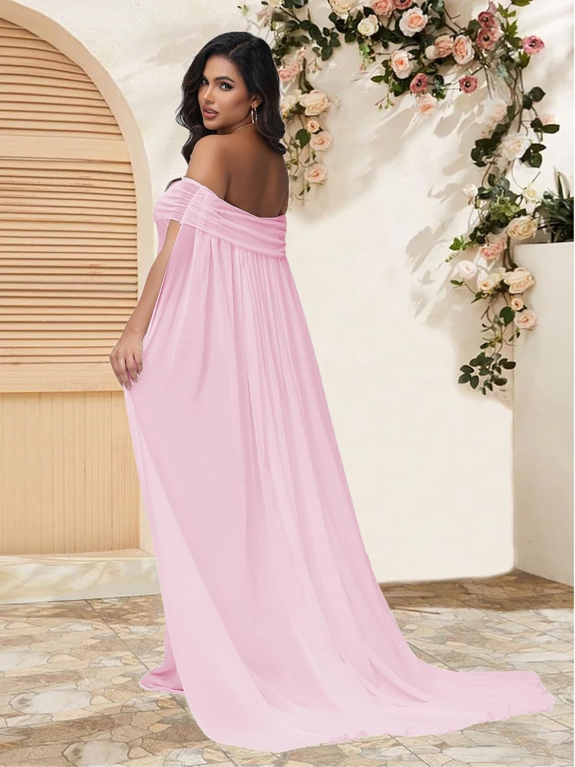 Justvh Women'S Maternity Mesh off Shoulder Chiffon Maxi Photoshoot Dress for Baby Shower Cloak Outfit Maxi Photography Gown image number 6