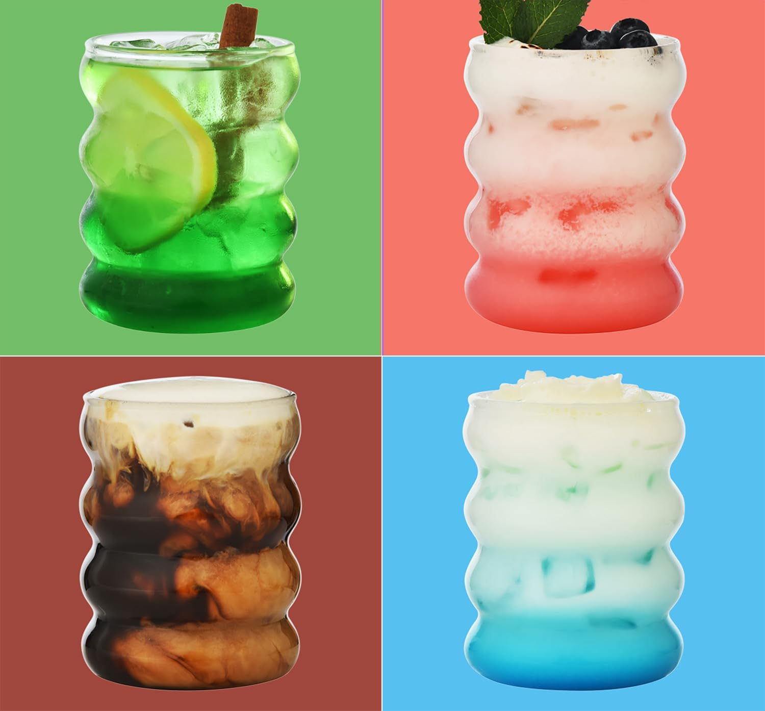 ALINK Ribbed Drinking Glass Cups with Glass Straws Set of 4, 12 Oz Aesthetic Iced Coffee Glasses, Wave Bubble Glasses Tumbler, Ripple Glassware, Beer Glasses for Coctail, Milk, Soda, Gift with Brush