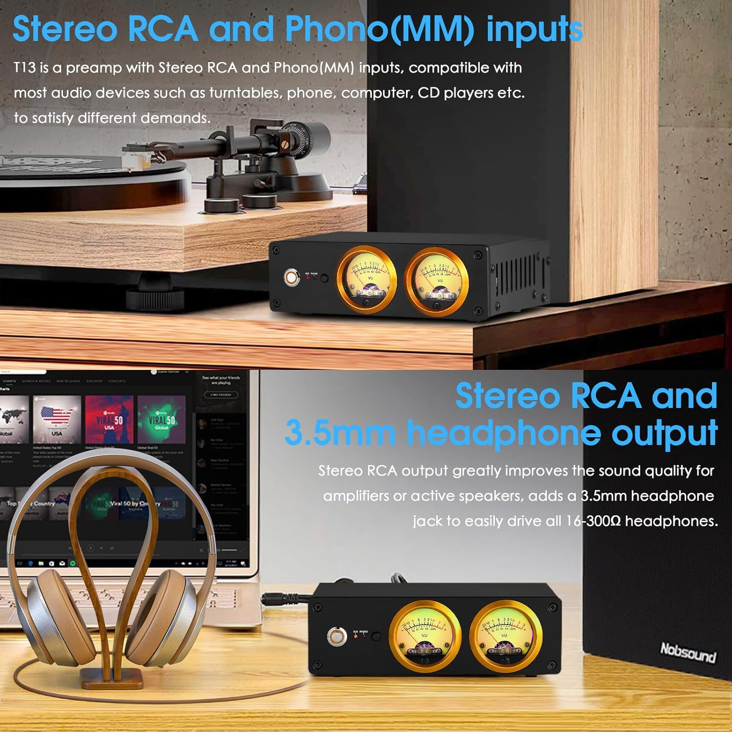 Douk Audio T13 Phono Preamp for MM Turntables Stereo Desktop Headphone Amplifier VU Meter image number 2