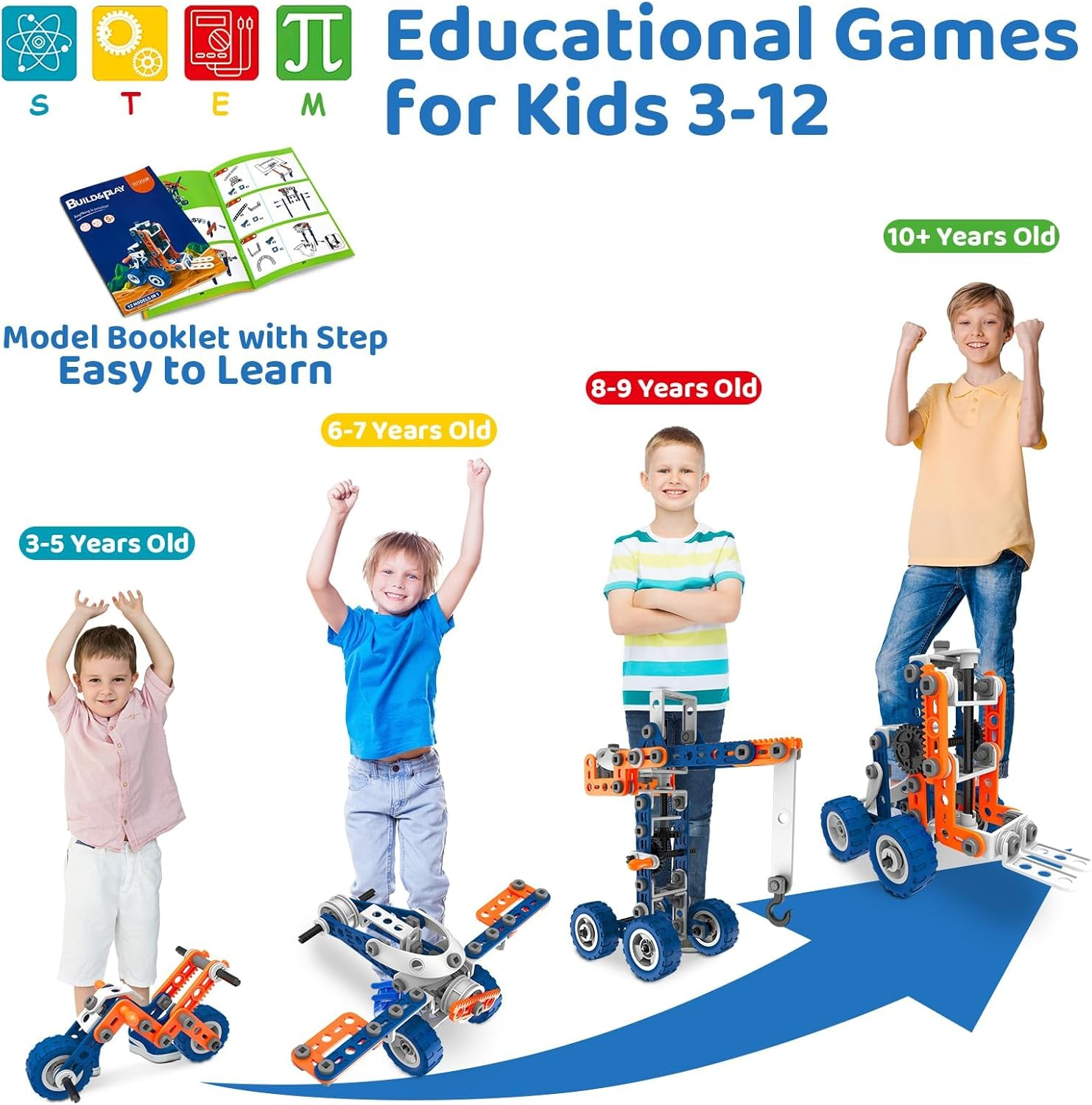 12 in 1 Stem Toys for 5 6 7 8 9+ Year Old Building Block Stem Activities Projects Kit Kids Age 4-8 5-7 Creative Set Helicopter Excavator Educational Engineering Erector Set Birthday Gift Boy Toys Girl image number 2