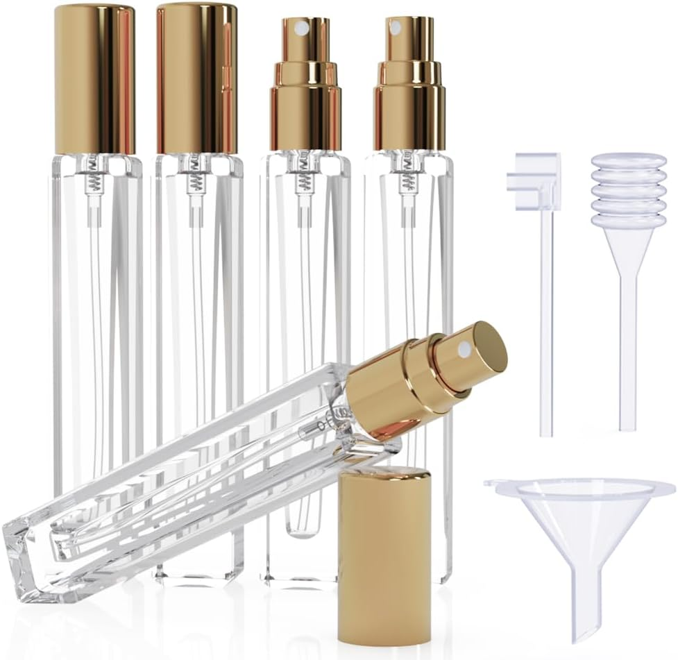 5PCS Cologne Atomizer Empty, 10ML Mini Perfume Bottles Refillable with Dispenser Tools, Pocket Spray Bottle for Travel and Sample Container (Transparent+Silvery Cap)