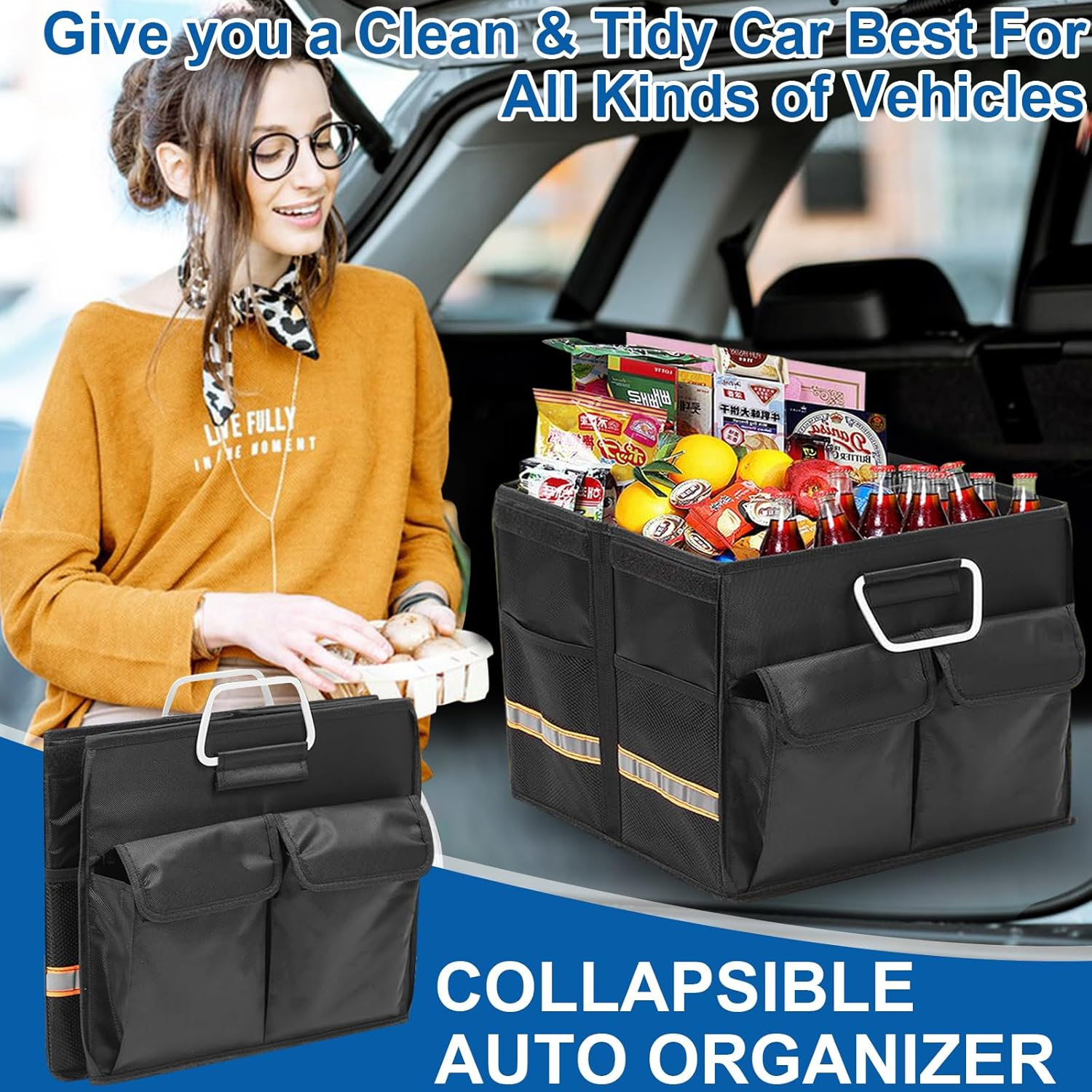 IEHOME Car Trunk Organizer, 36L Collapsible Multi Compartment Black SUV, RV, Car Organizer with Non Slip Base, Waterproof Bag & Reflective Strip image number 3