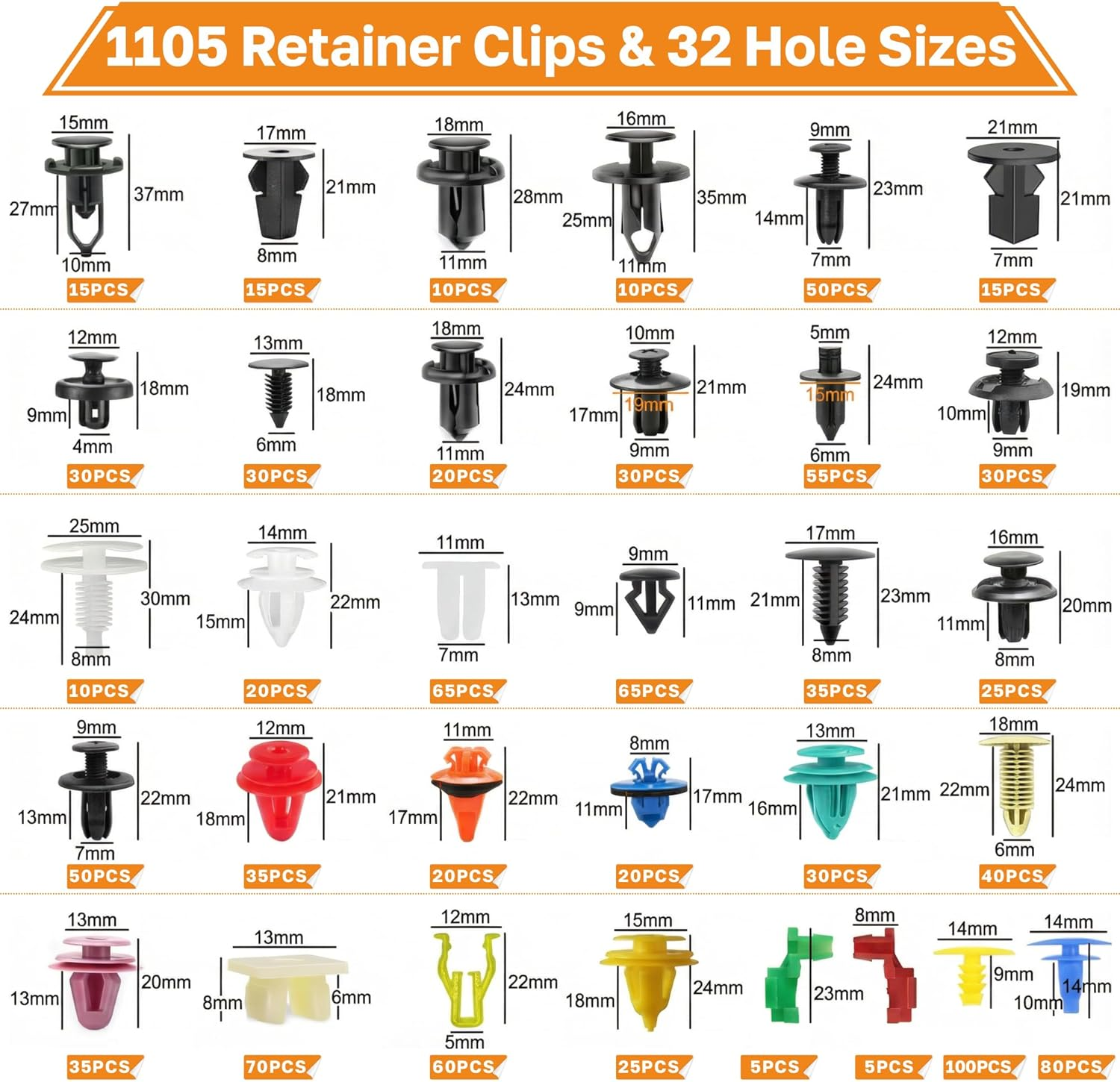 1260Pcs Car Push Retainer Clips Body Clips Plastic Fasteners Kit Fender Rivet Clips 32 Most Popular Sizes Nylon Auto Push Pin Rivets Set for Toyota GM Ford Honda Acura Chrysler image number 5