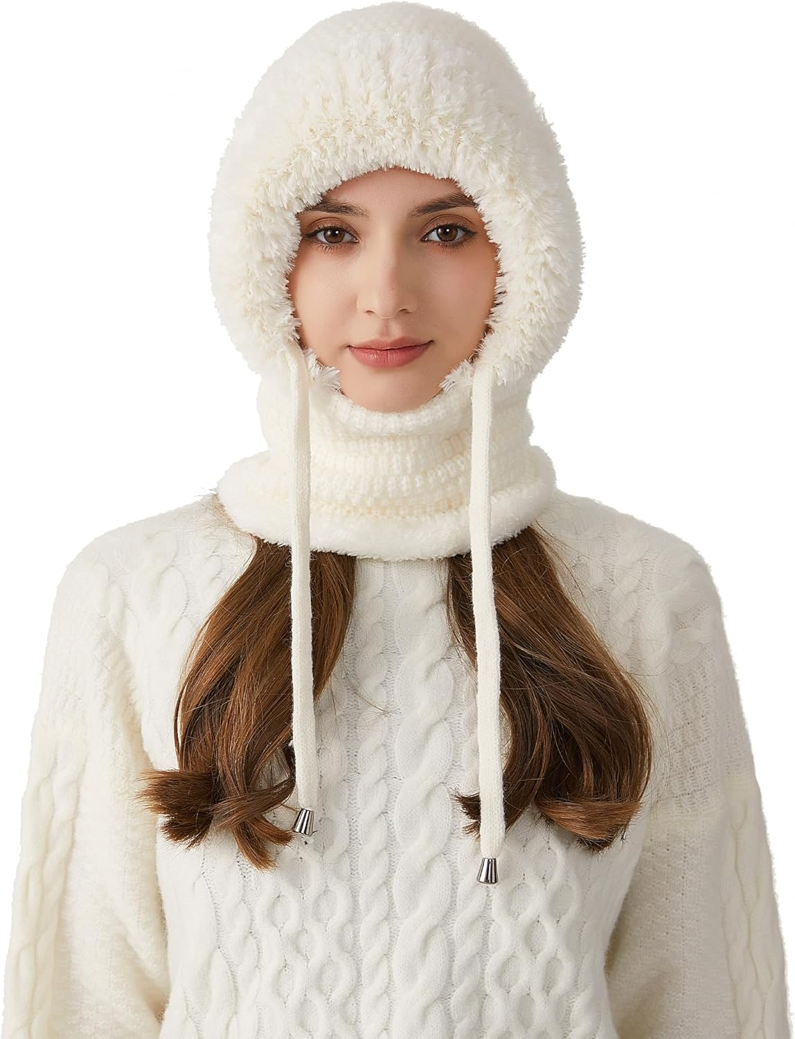 KEOYA Women'S Knit One-Piece Hat with Scarf Elastic Face Mask Fleece Balaclava with Drawstring Winter Warm Ski Beanie Cap image number 3