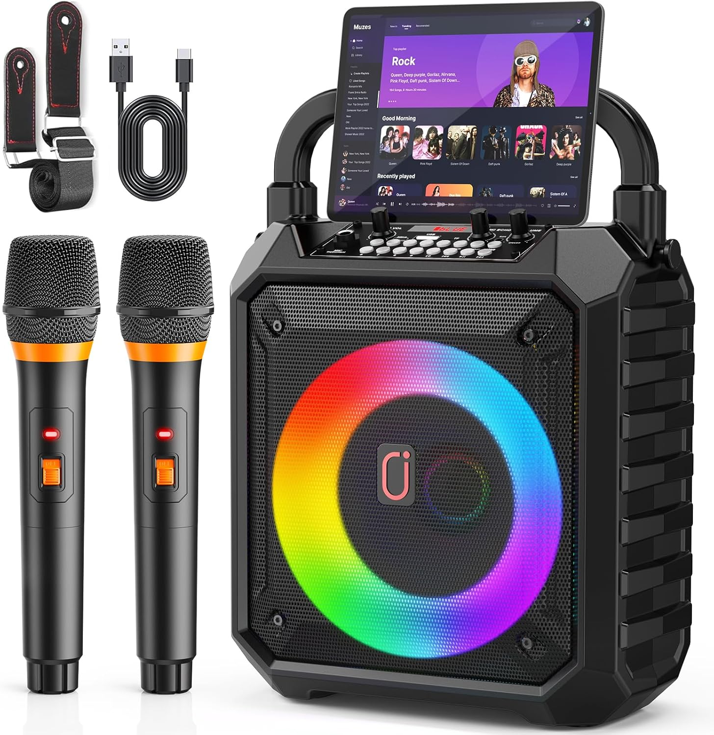 JYX Karaoke Machine 2 Microphones, Portable Bluetooth Karaoke Speaker with DJ Lights for Party & Outdoor, Wireless Microphone Karaoke for Adults, PA System Supports FM, USB, AUX, REC, TF image number 3