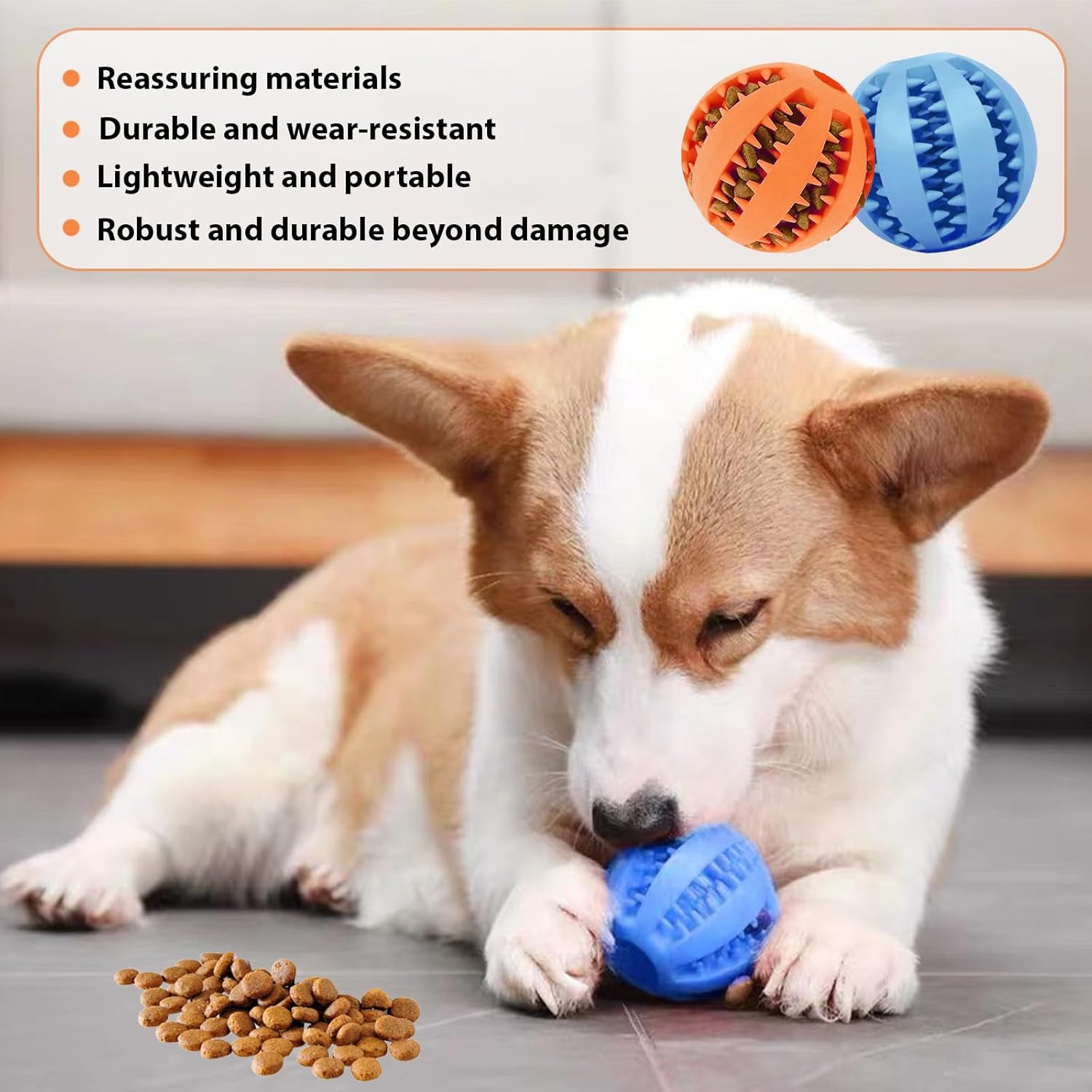 LUMOOM Pack of 2 Dog Toy Ball, Interactive Treat Dispenser, Intelligence Ball, Robust Dog Ball, Diameter 6 Cm, Natural Rubber Puppy Toy, Rubber Ball for Puppies (Blue + Orange) image number 1
