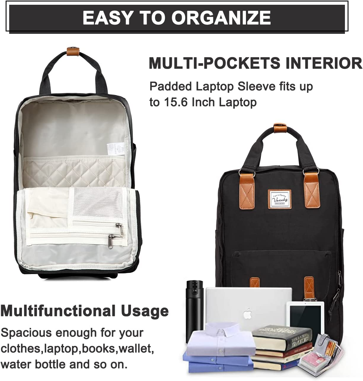 Backpack for Women,Vaschy Vintage Water Resistant 15.6 Inch Laptop School Backpack for Men,Teen Girls Casual Daypack for Travel/Business Black - Black image number 4